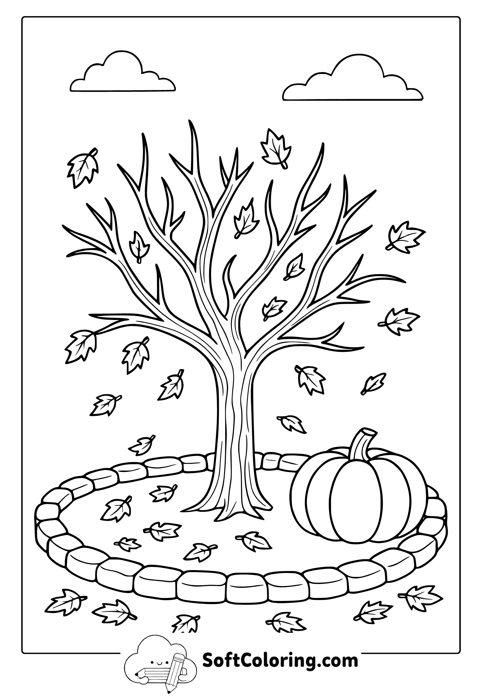 autumn tree with falling leaves coloring page
