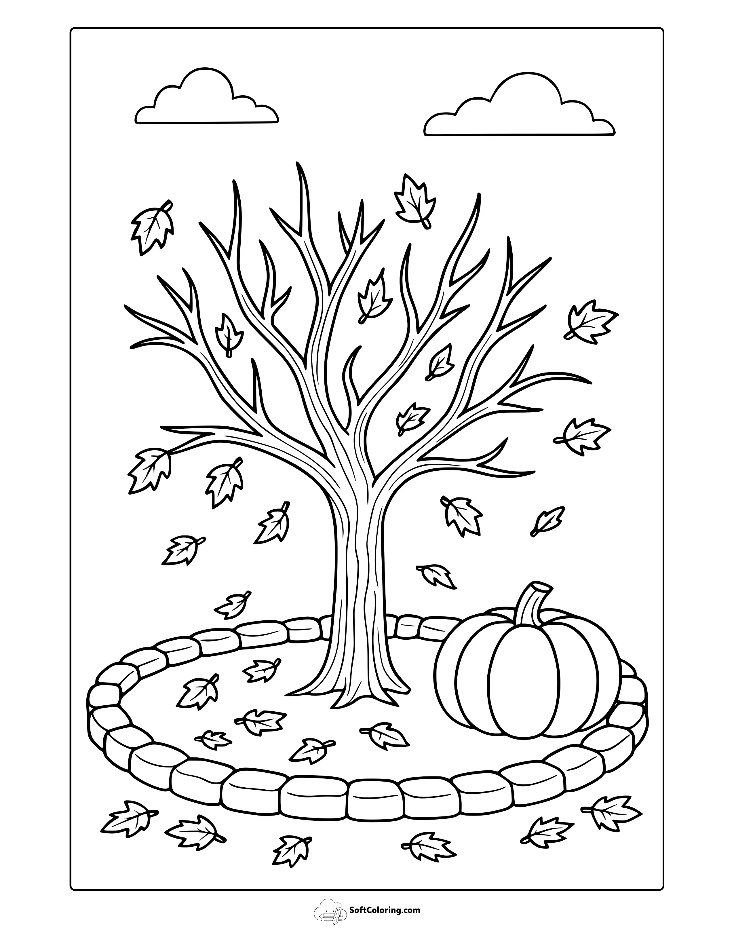 Autumn Tree With Falling Leaves Coloring Page