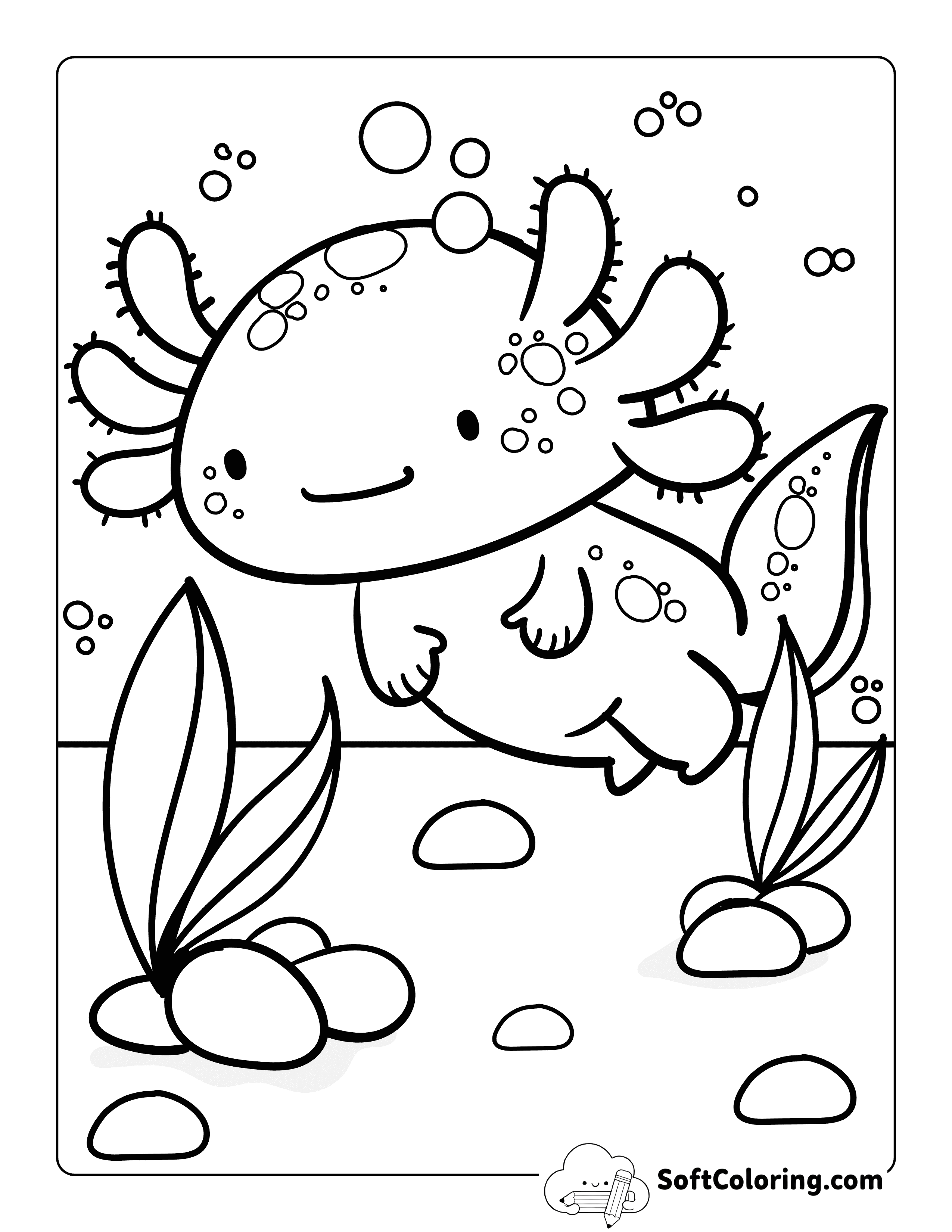 Adorable Axolotl Floating Under Water Coloring Sheet