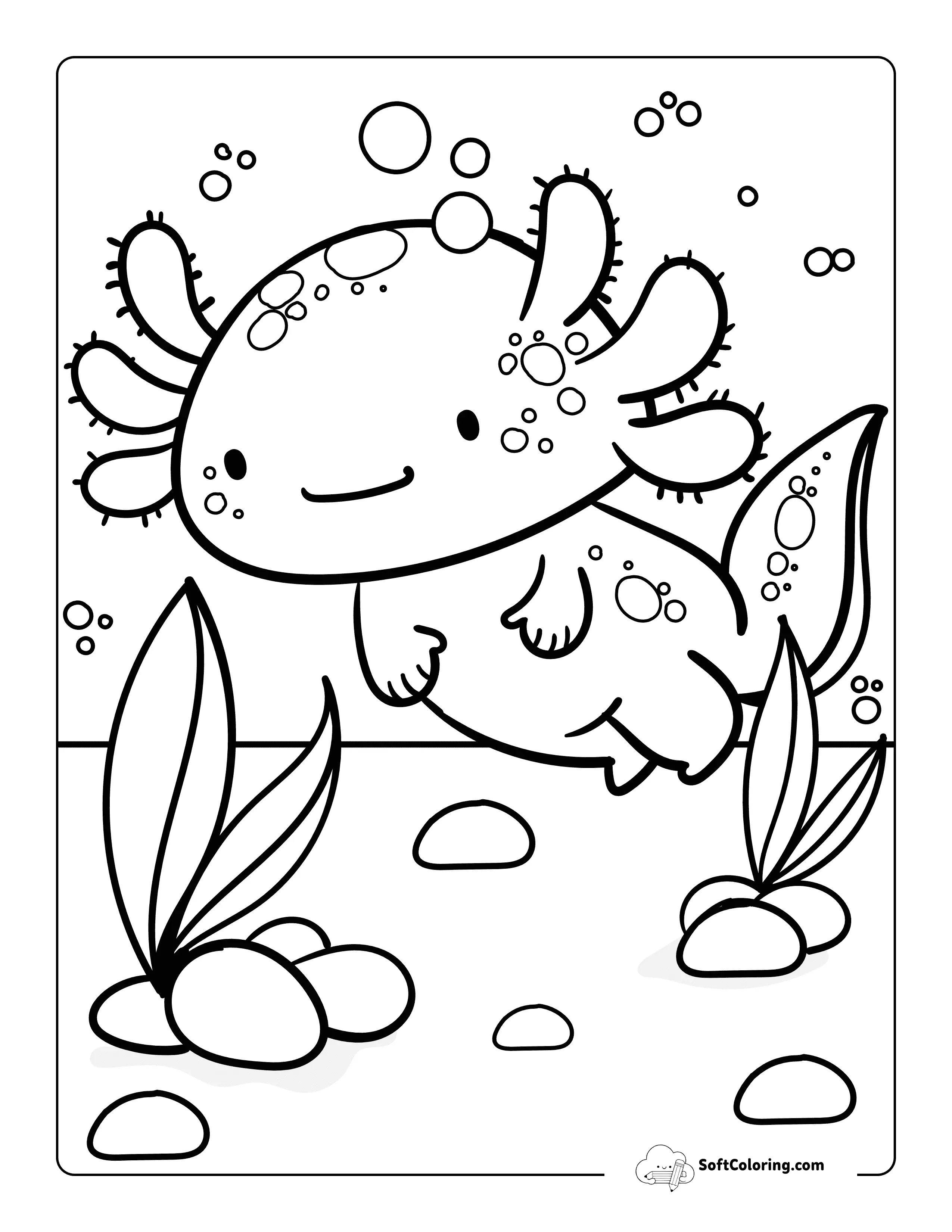 Adorable Axolotl Floating Under Water Coloring Sheet