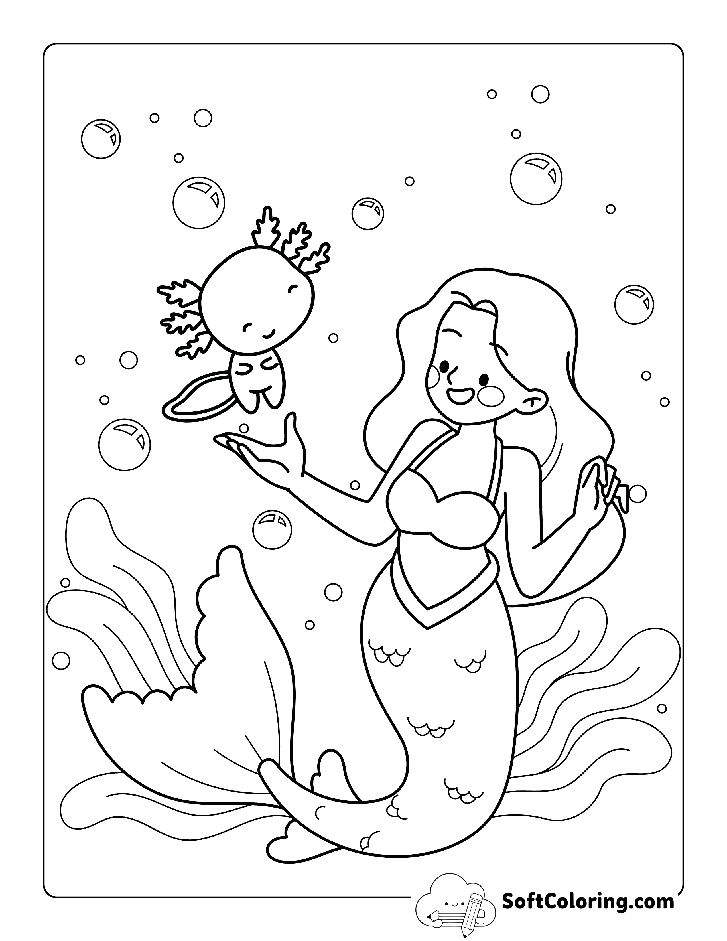 Easy Kawaii Axolotl and Mermaid for Kids to Color