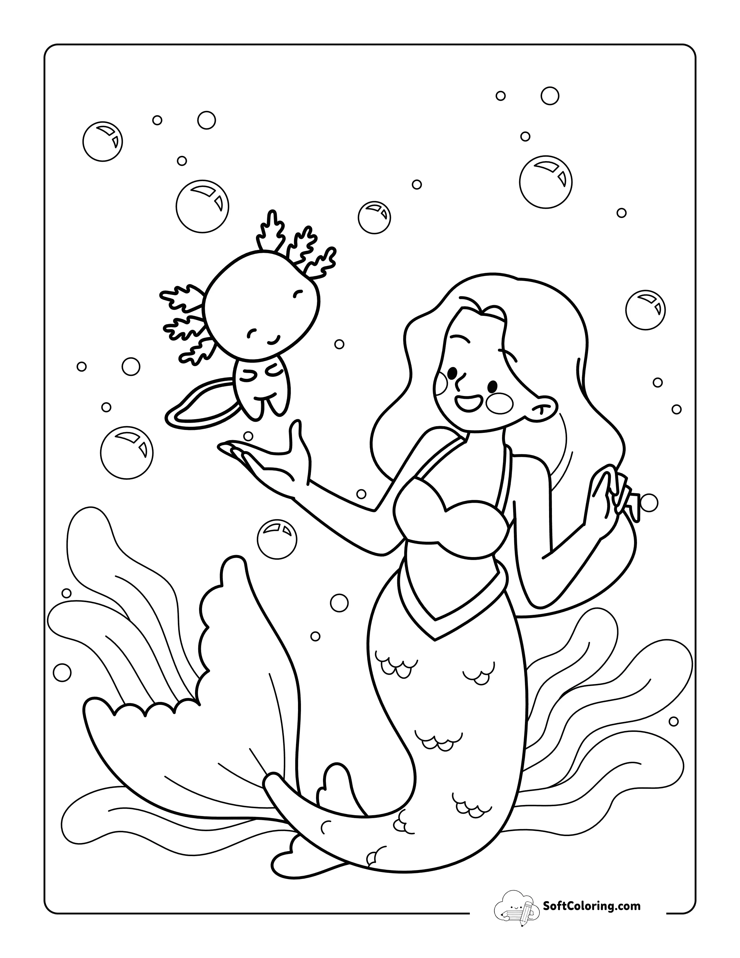 Easy Kawaii Axolotl And Mermaid For Kids To Color