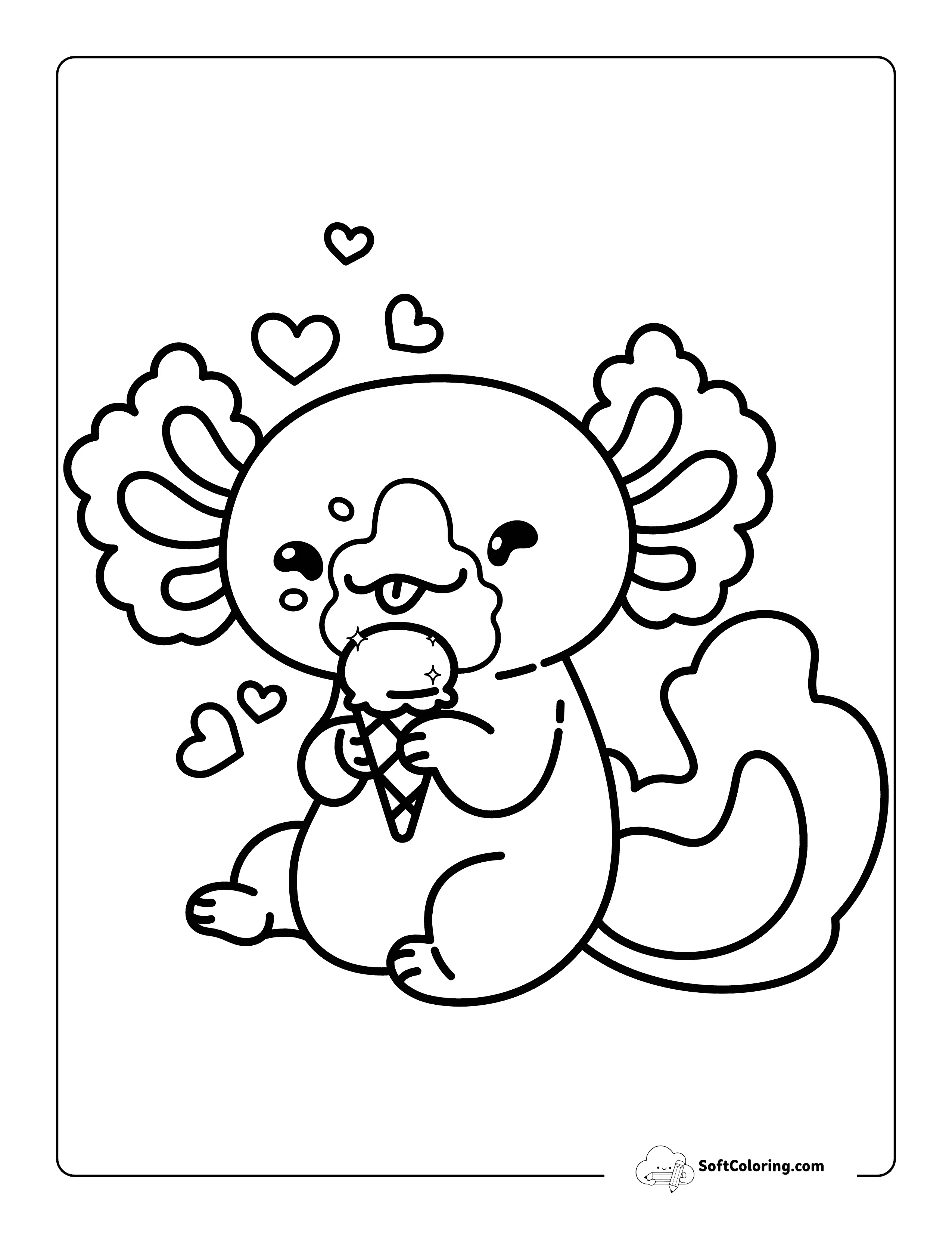 Eating Ice Cream - Easy Kawaii Axolotl Coloring Sheet