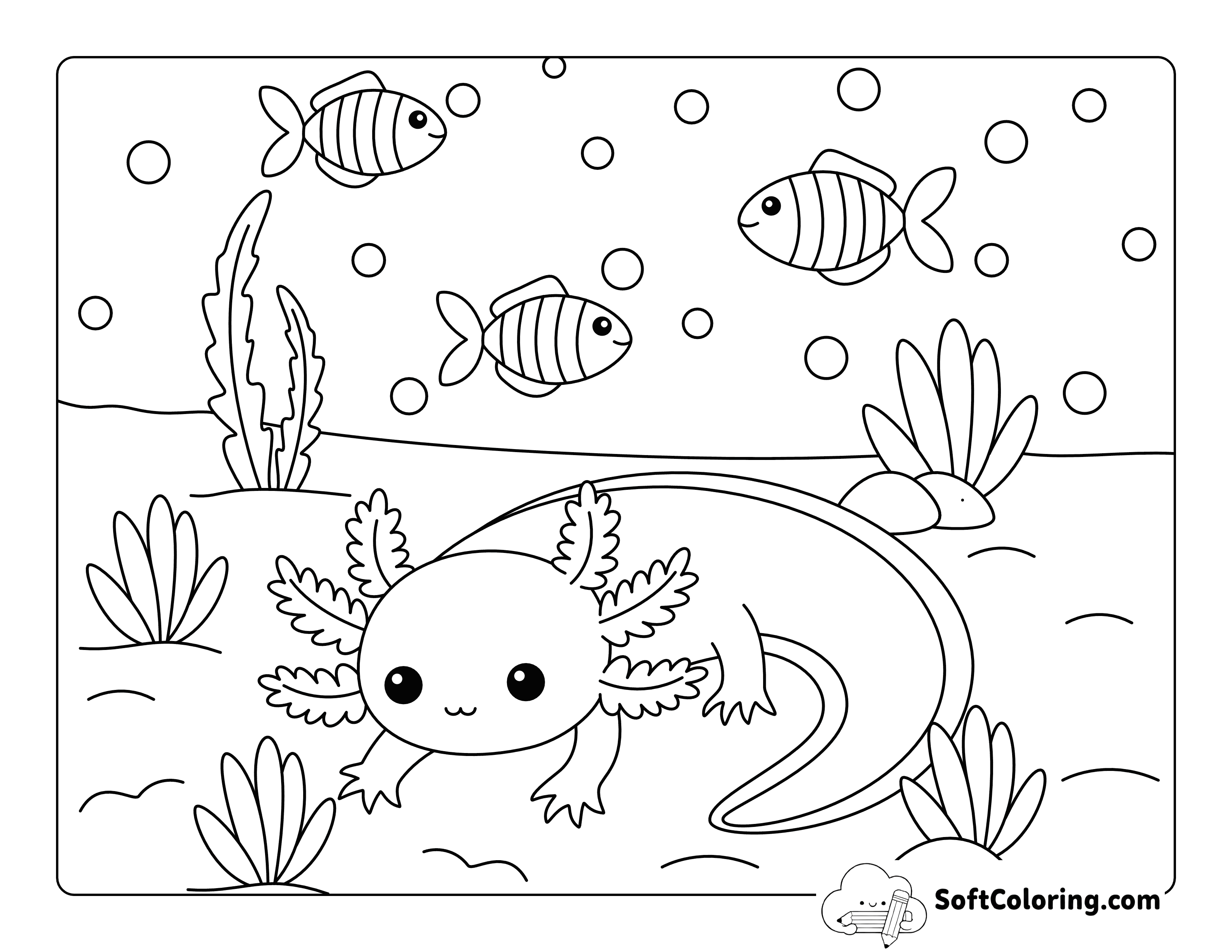 Chilling on the Lakebed - Easy Cute Axolotl Coloring Page