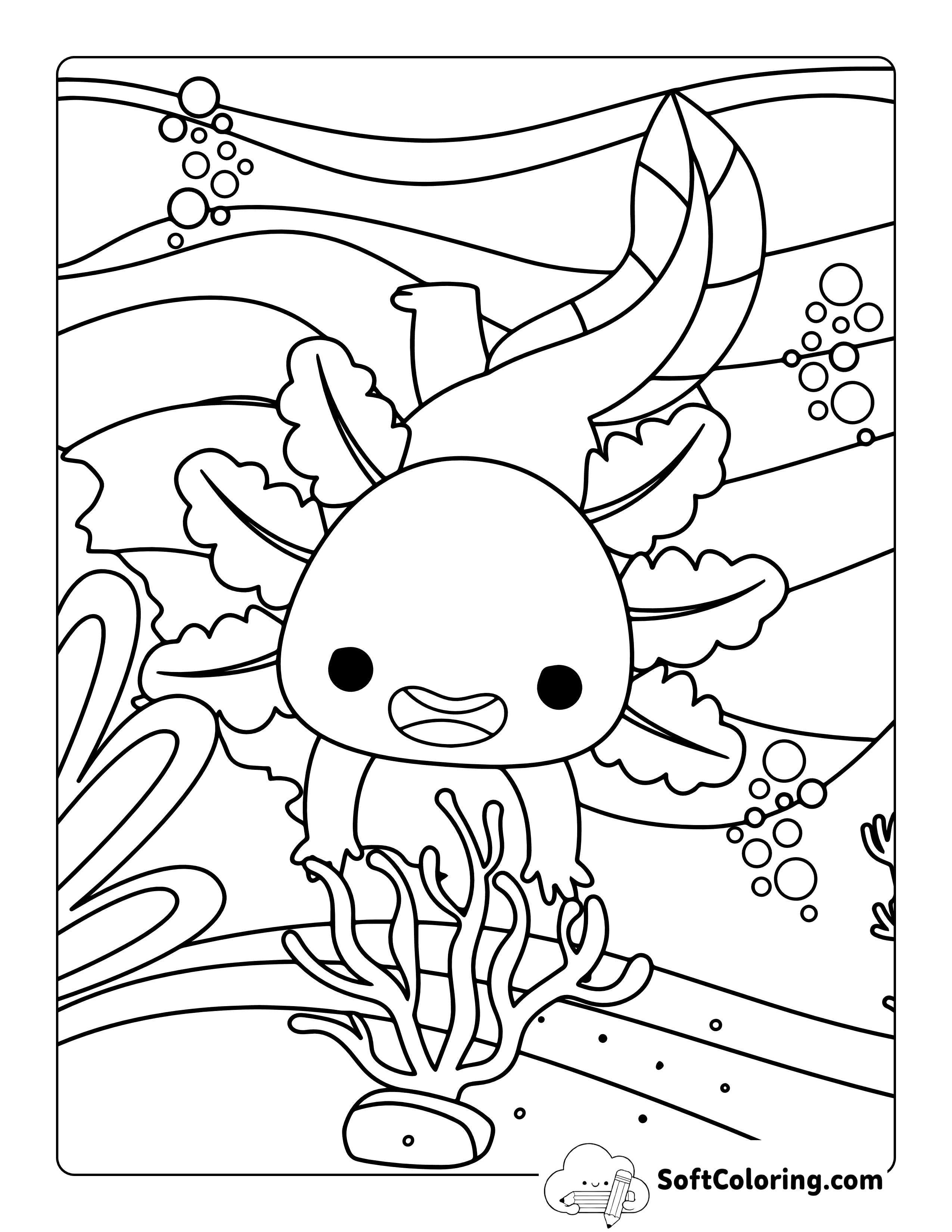 Cute and Happy Axolotl Playing with Coral Coloring Page