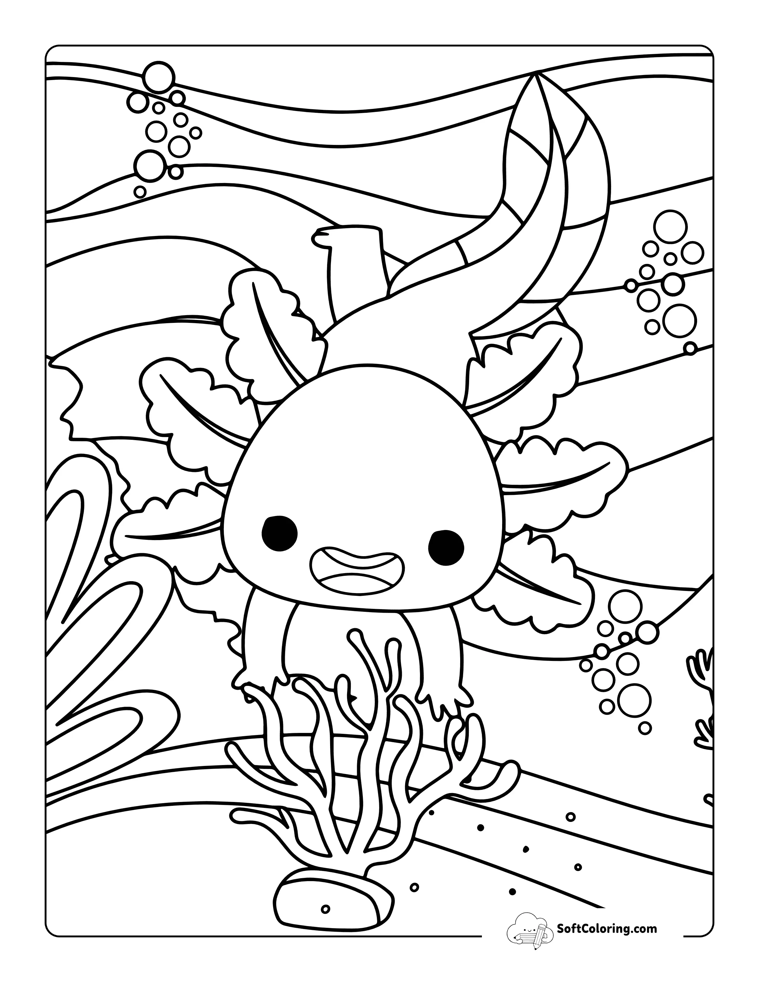 Cute And Happy Axolotl Playing With Coral Coloring Page