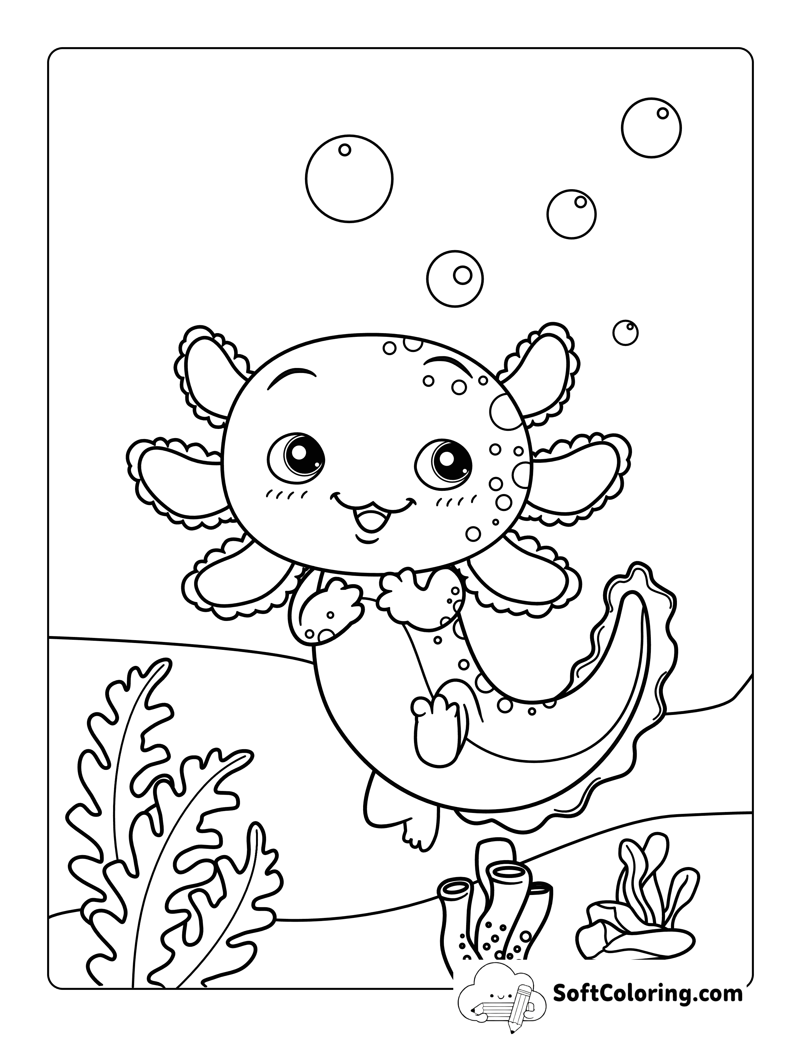 Cute and Happy Axolotl Swimming Underwater Coloring Sheet