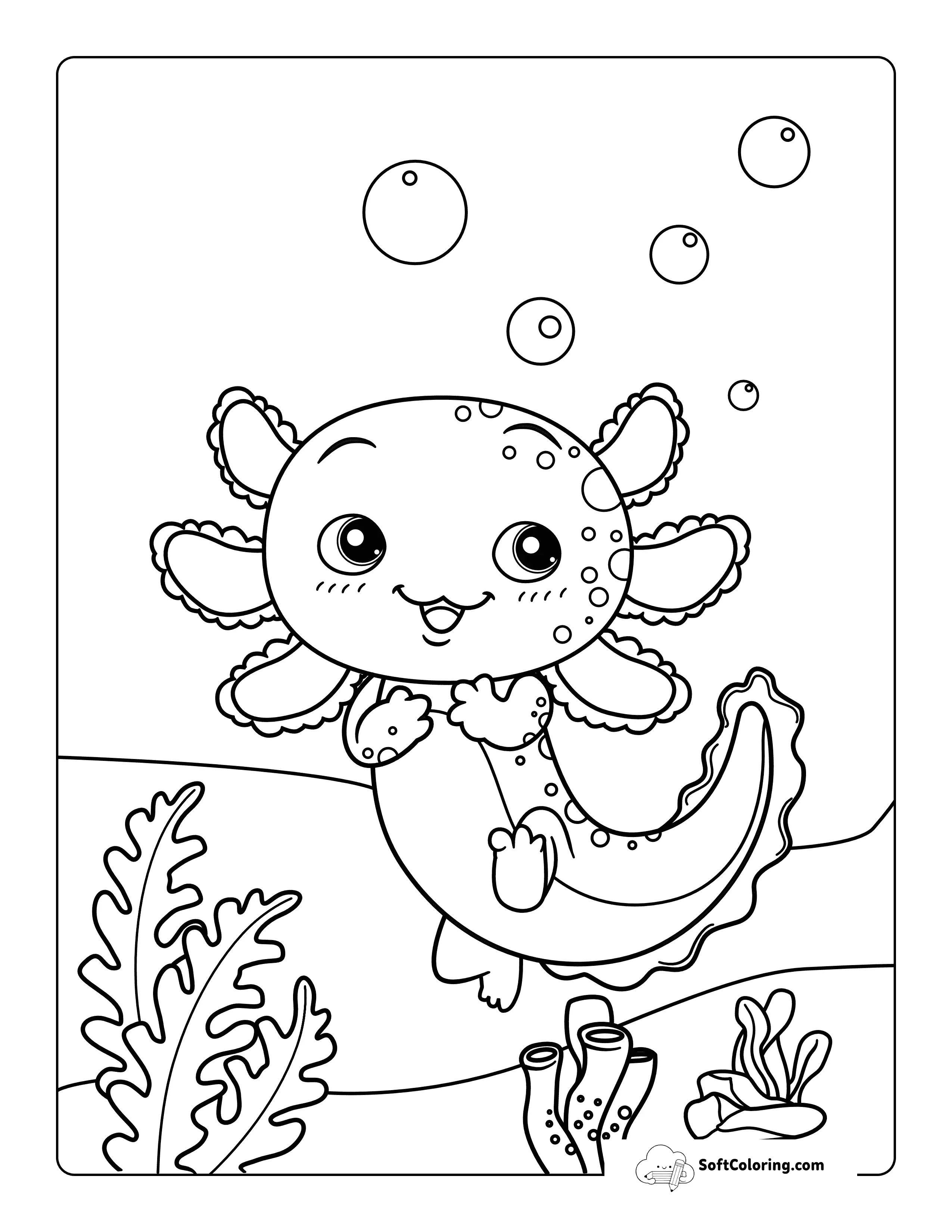 Cute And Happy Axolotl Swimming Underwater Coloring Sheet