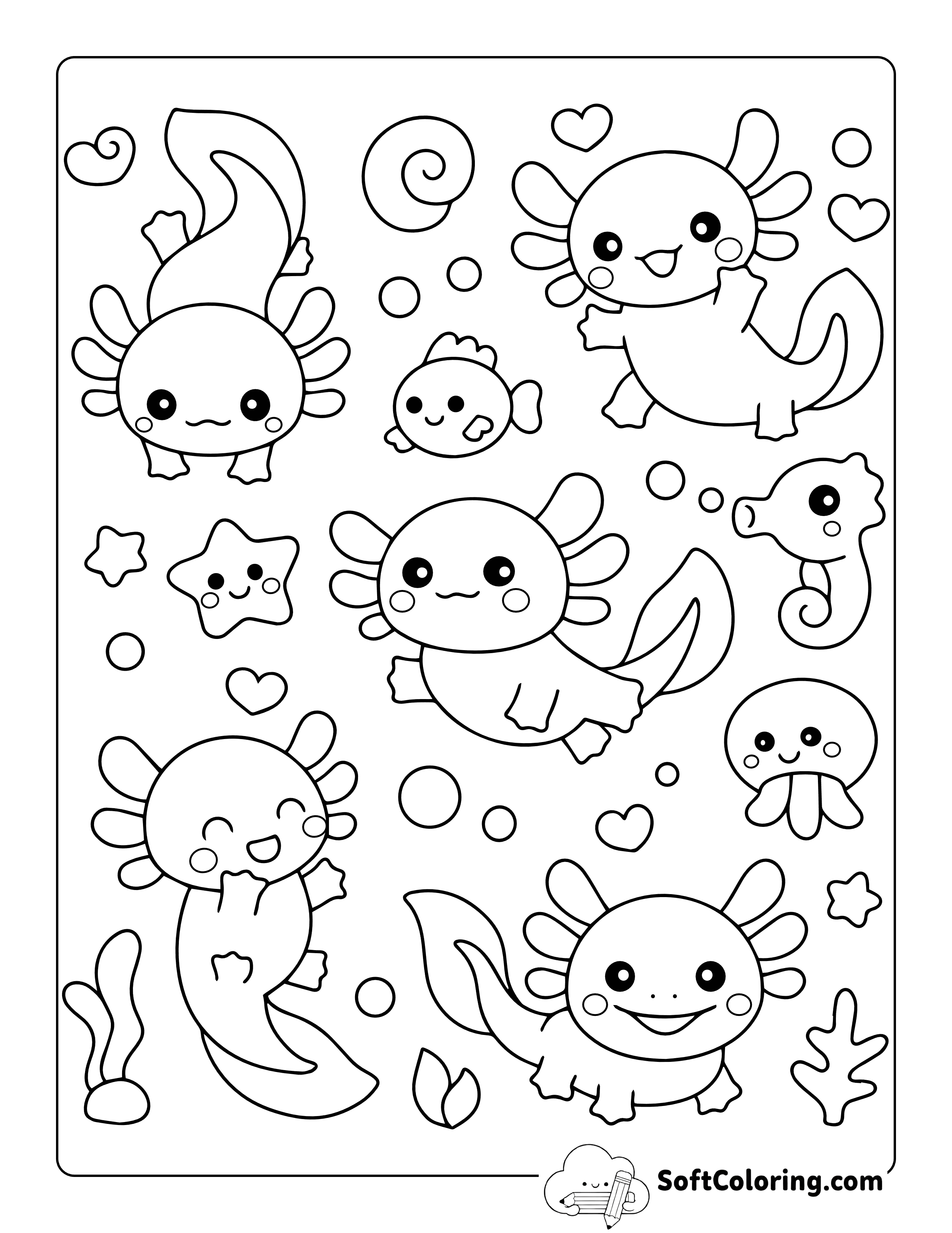 Ocean Friends Playing Together - Easy Adorable Axolotl Coloring Sheet