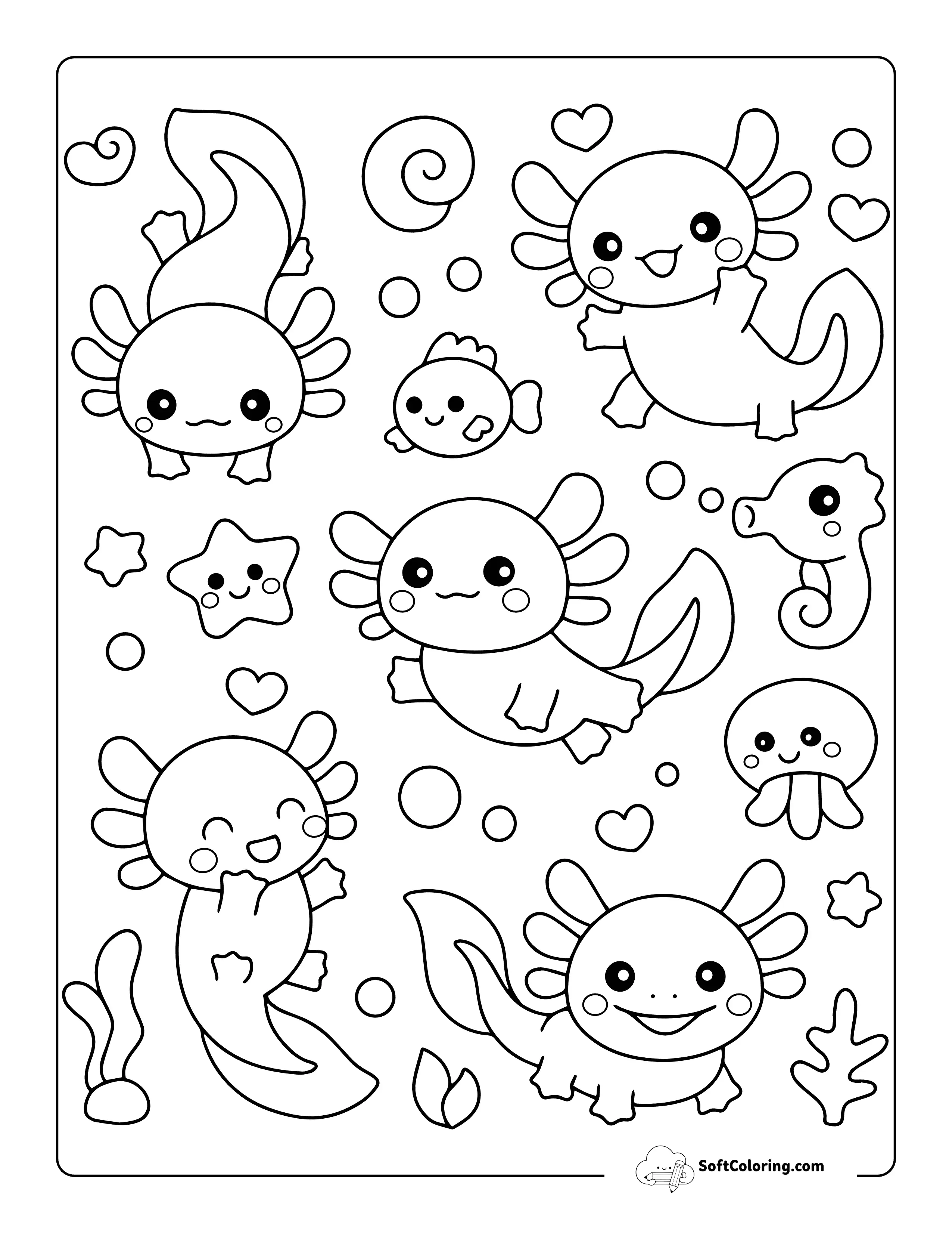 Ocean Friends Playing Together - Easy Adorable Axolotl Coloring Sheet