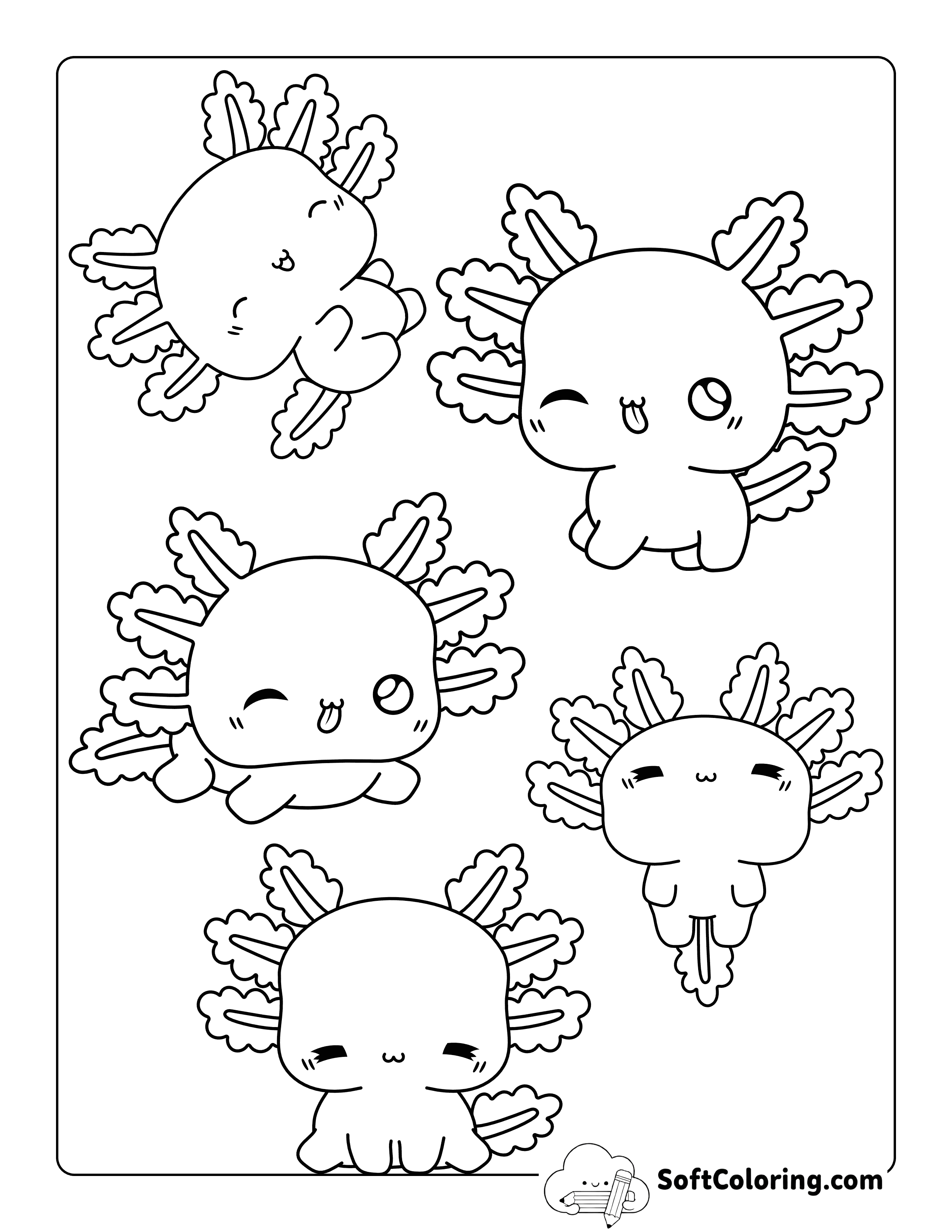 Kawaii Baby Axolotls Coloring Page