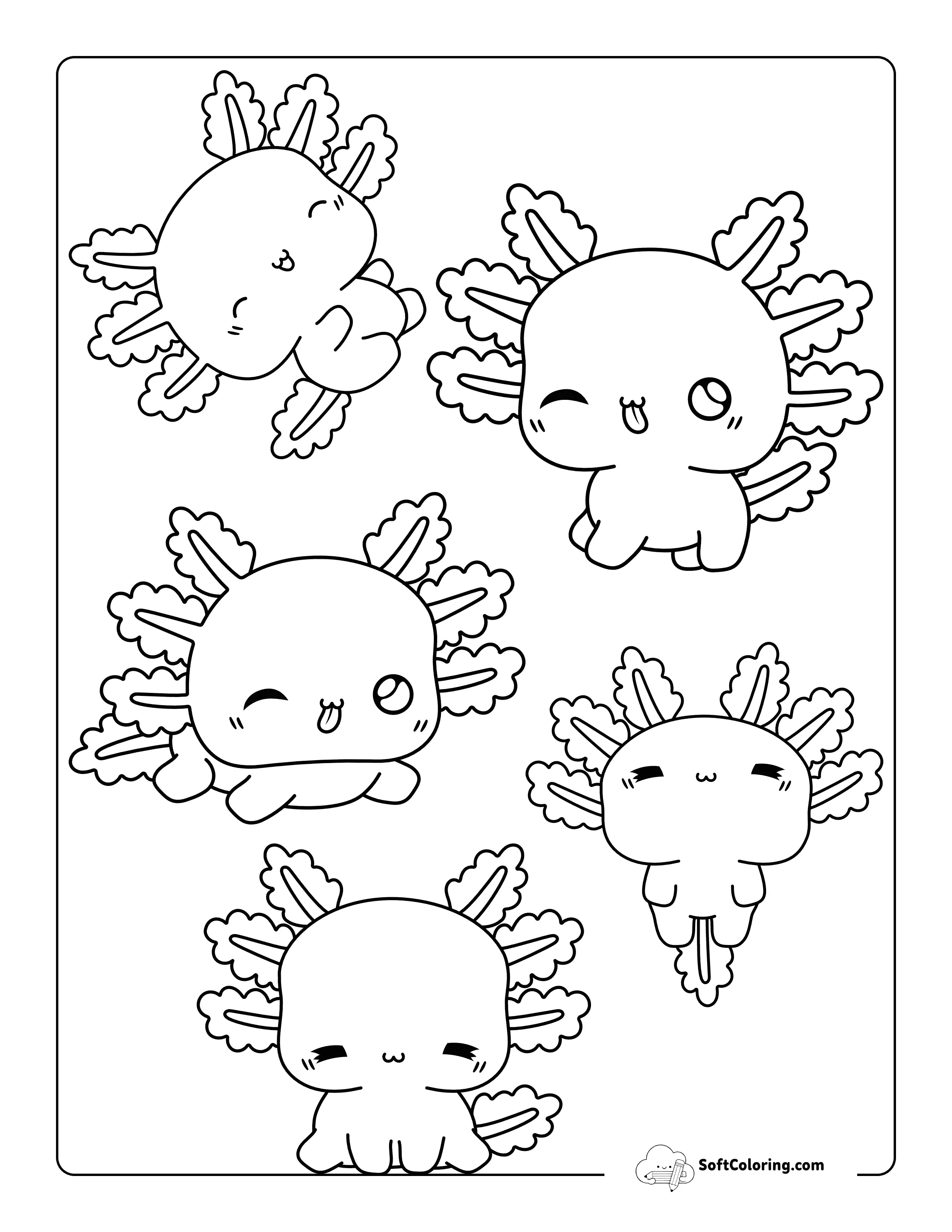 Kawaii Baby Axolotls Coloring Page