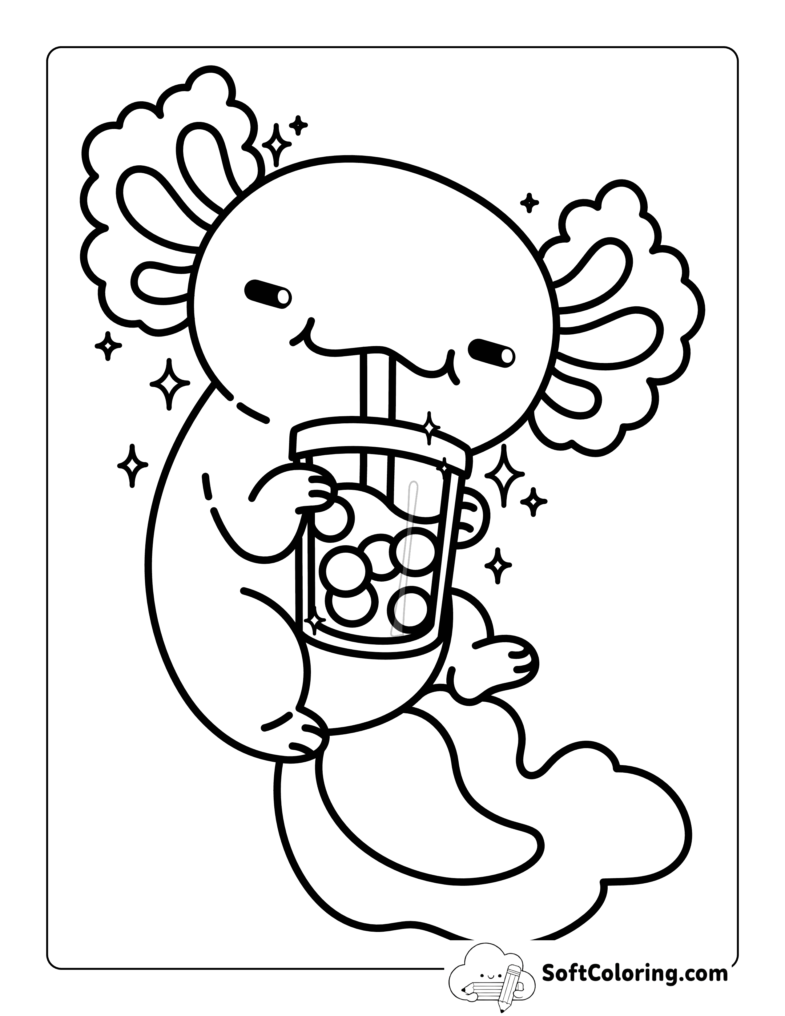 Easy Kawaii Axolotl Boba Tea Coloring Page