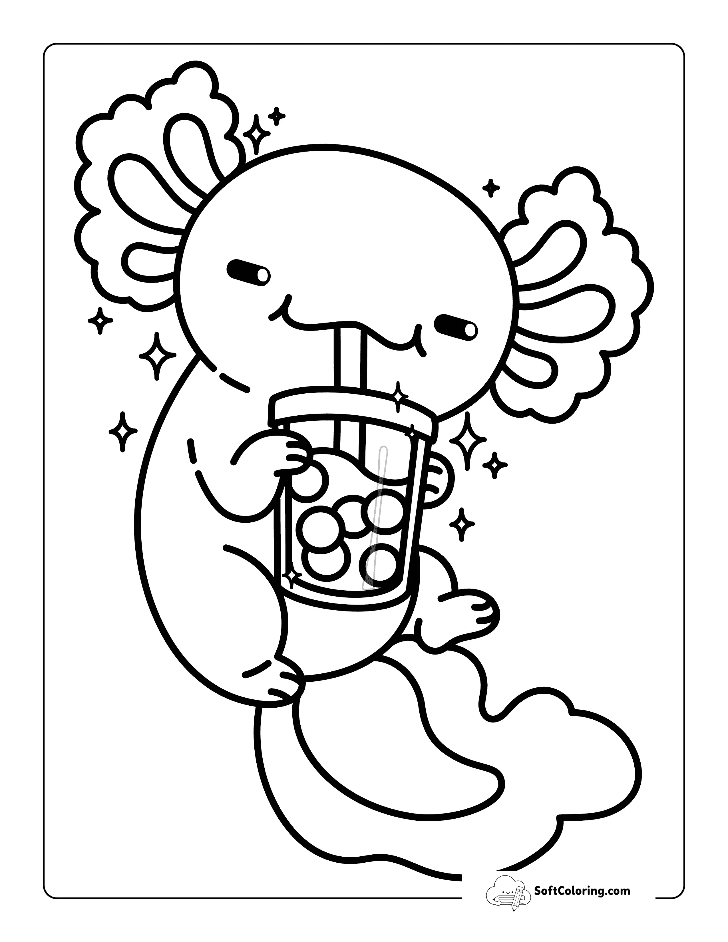 Easy Boba Tea Kawaii Axolotl Coloring Page