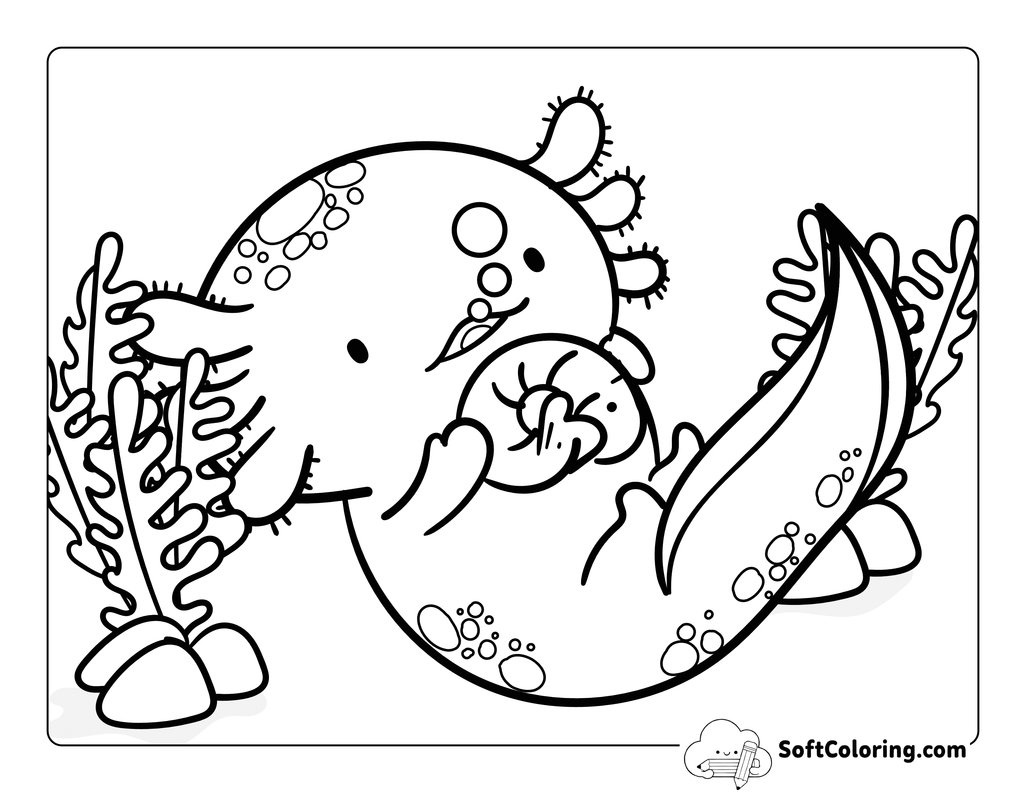 Easy and Cute Axolotl Eating a Shrimp Printable to Color