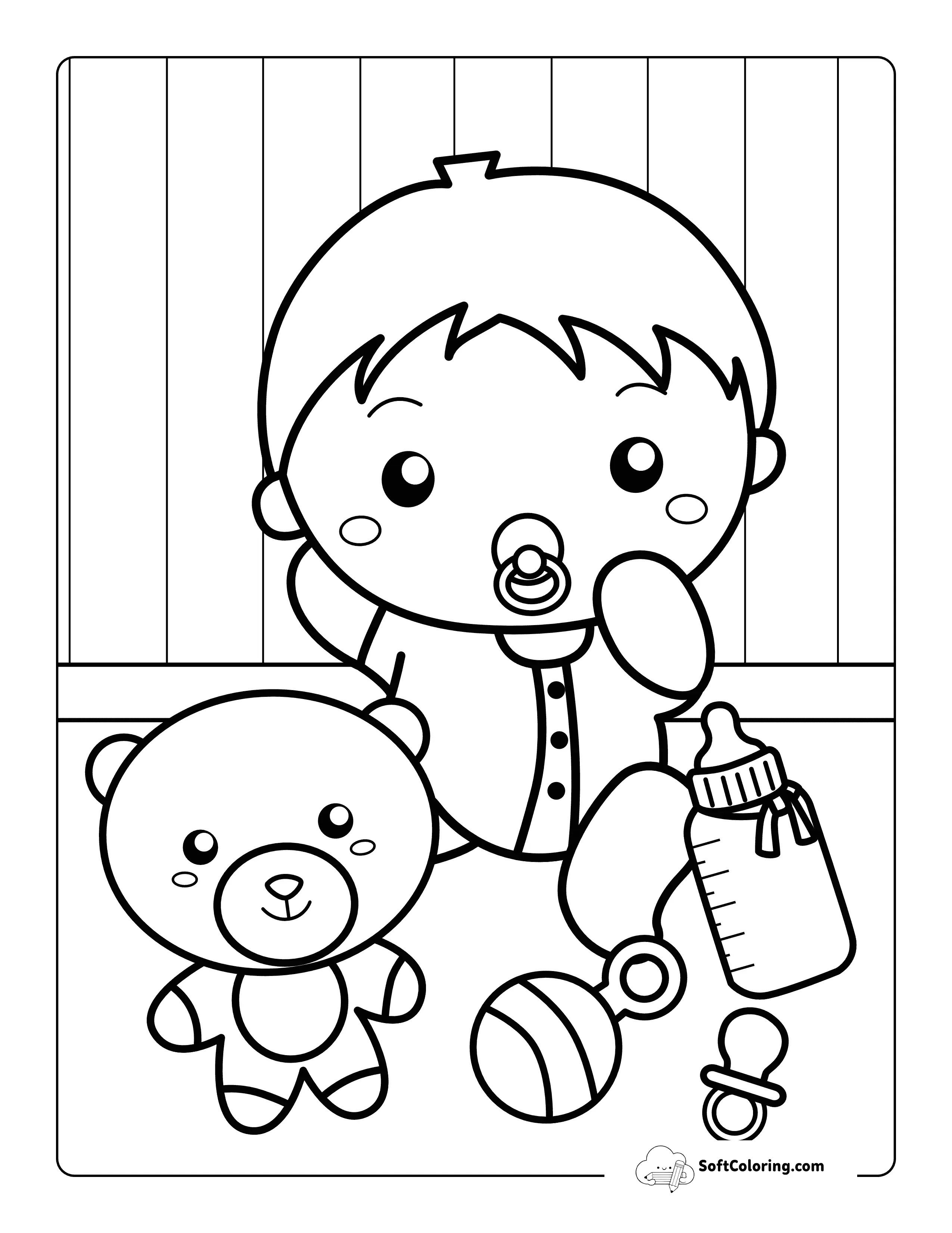 Cute Cartoon Baby Outline With Toys