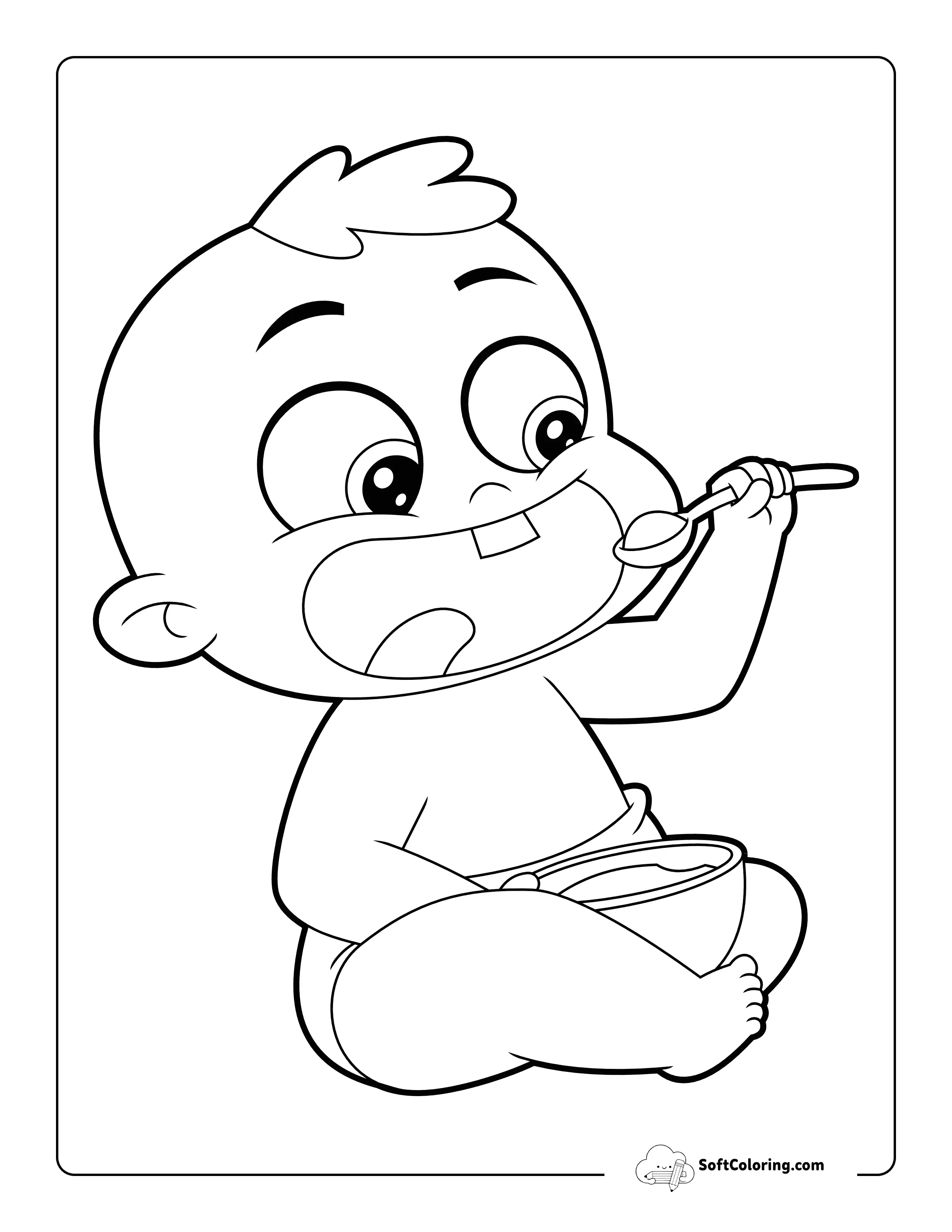Cute Happy Baby Eating - Easy Coloring Page