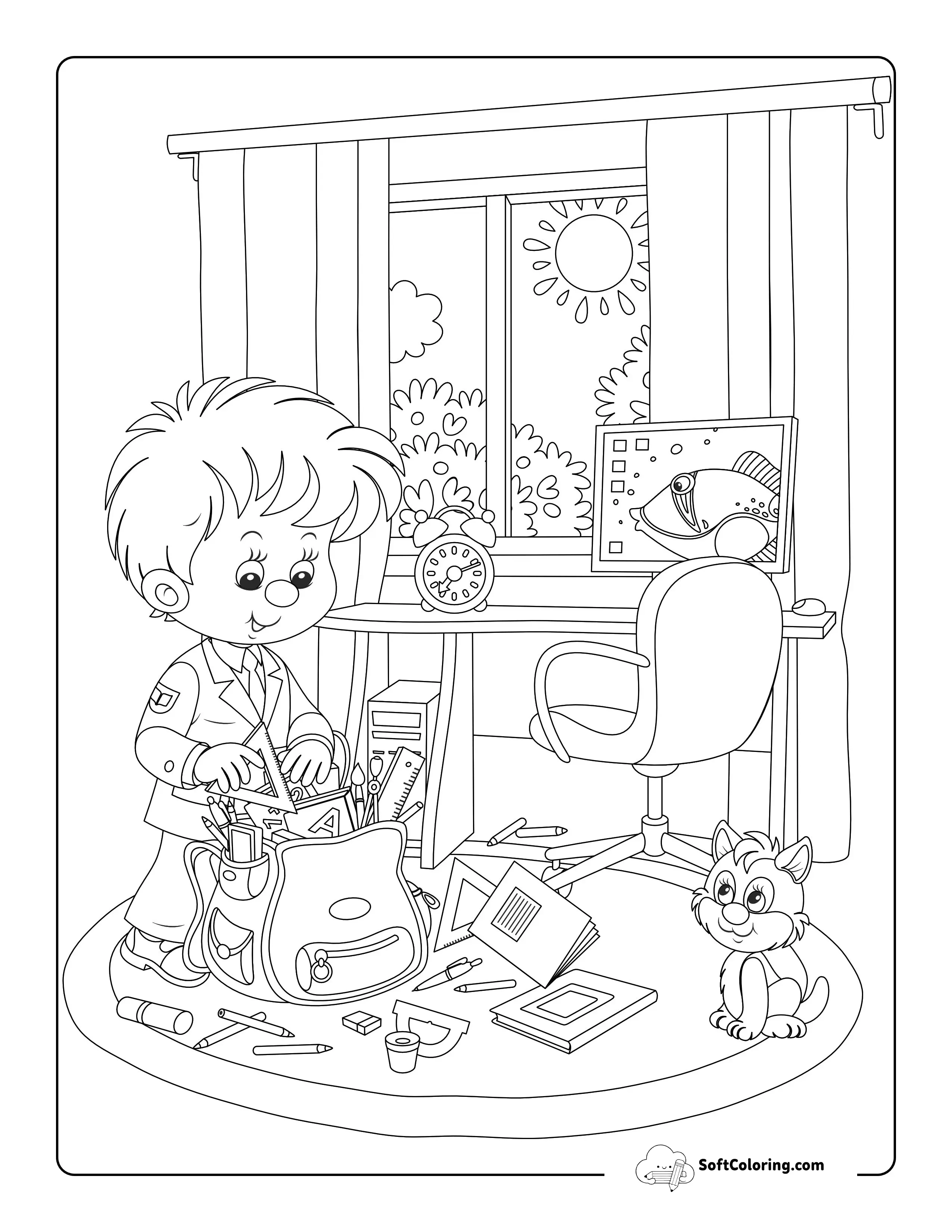 Boy Packing School Bag Coloring Page