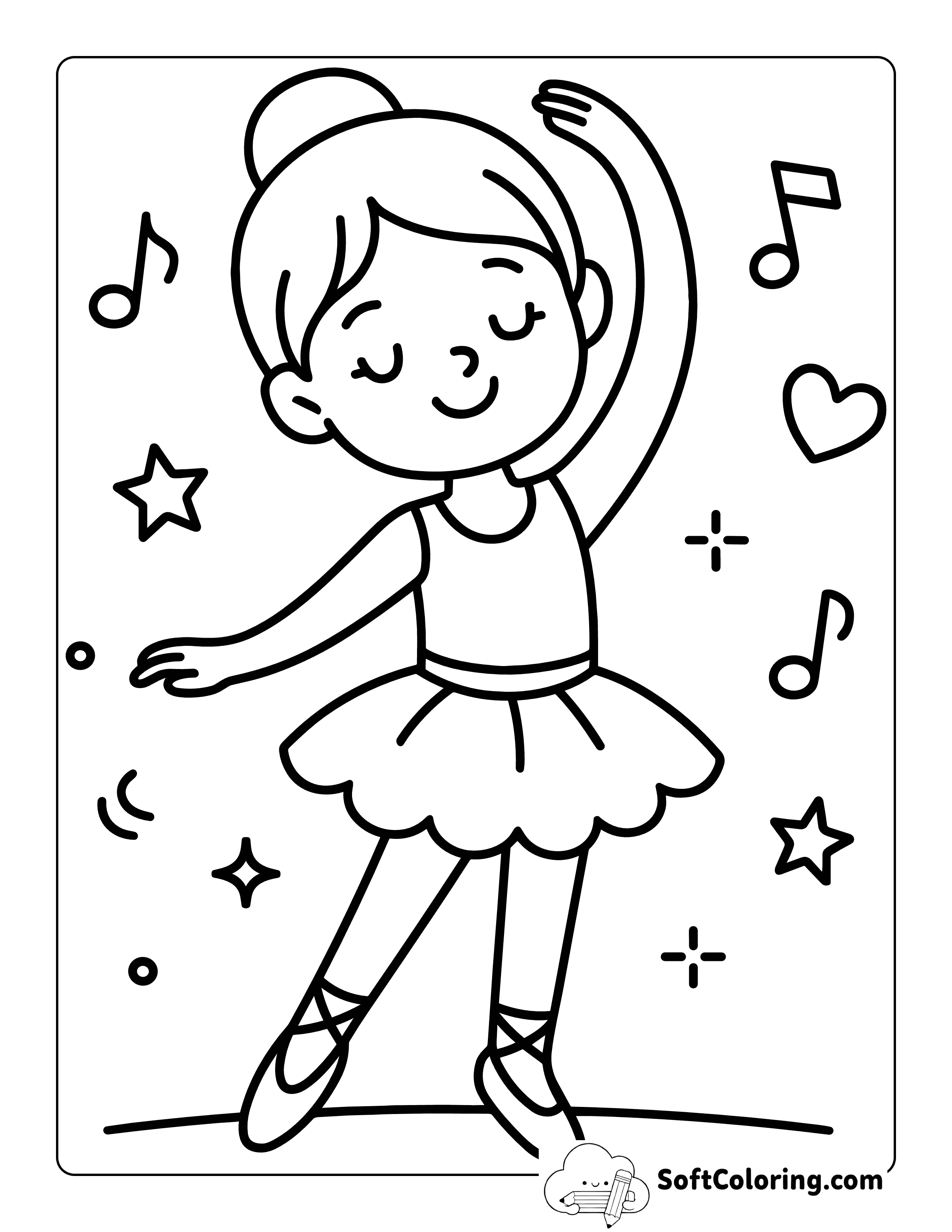 Cute Easy Girl Ballet Dancer with Hearts and Music Notes