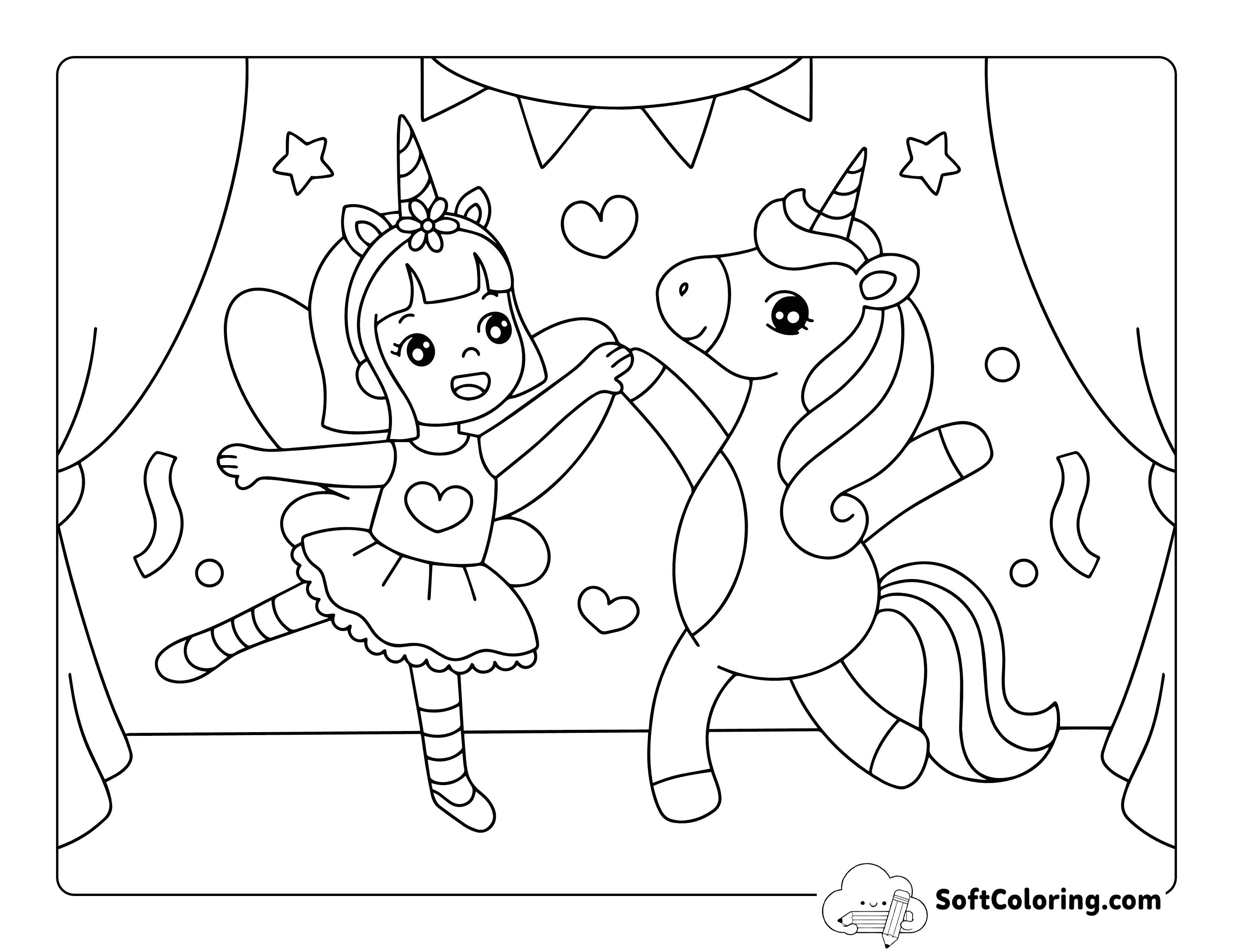 Easy Cute Girl and Unicorn Ballerinas on Stage Printable