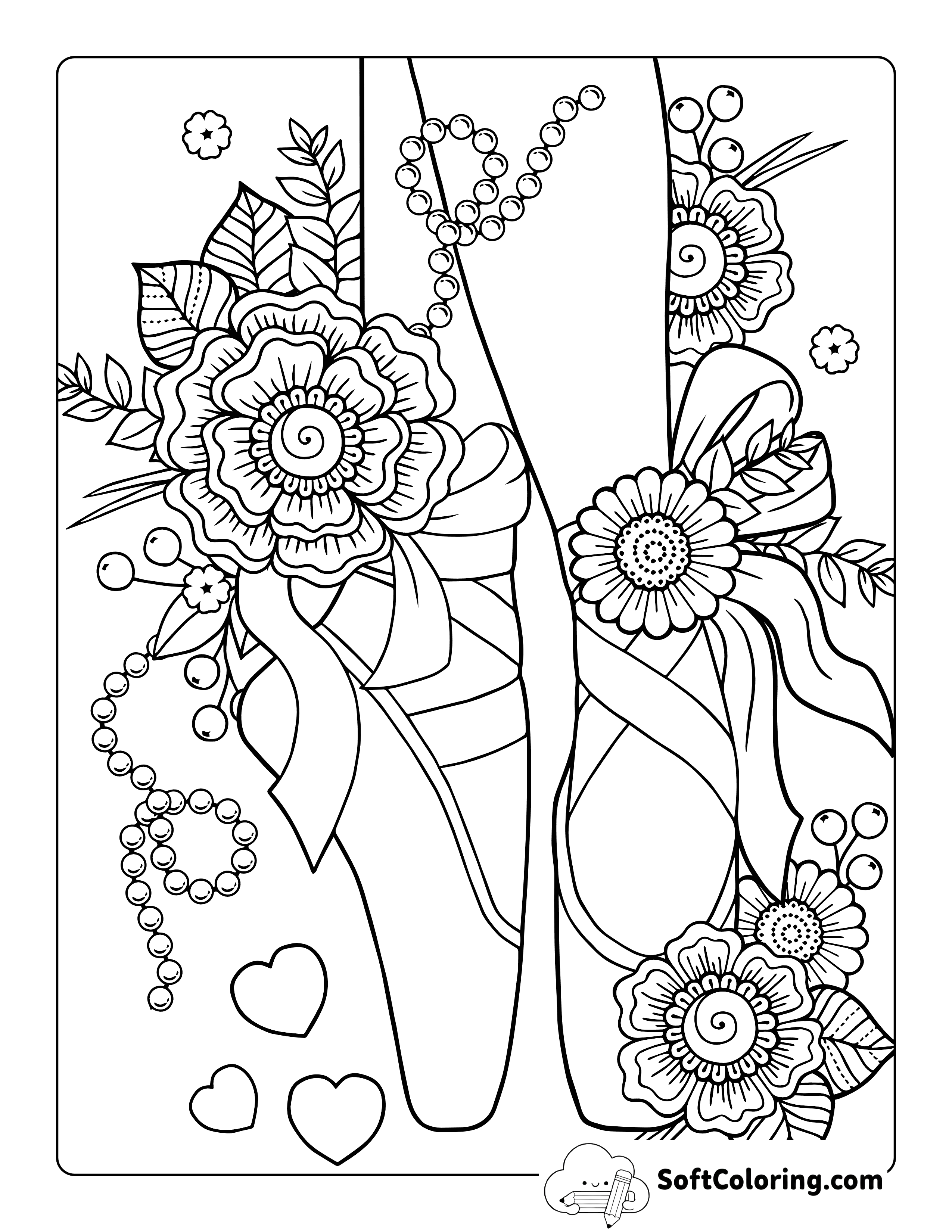 Detailed Ballet Slippers and Flowers - Coloring Page for Adults