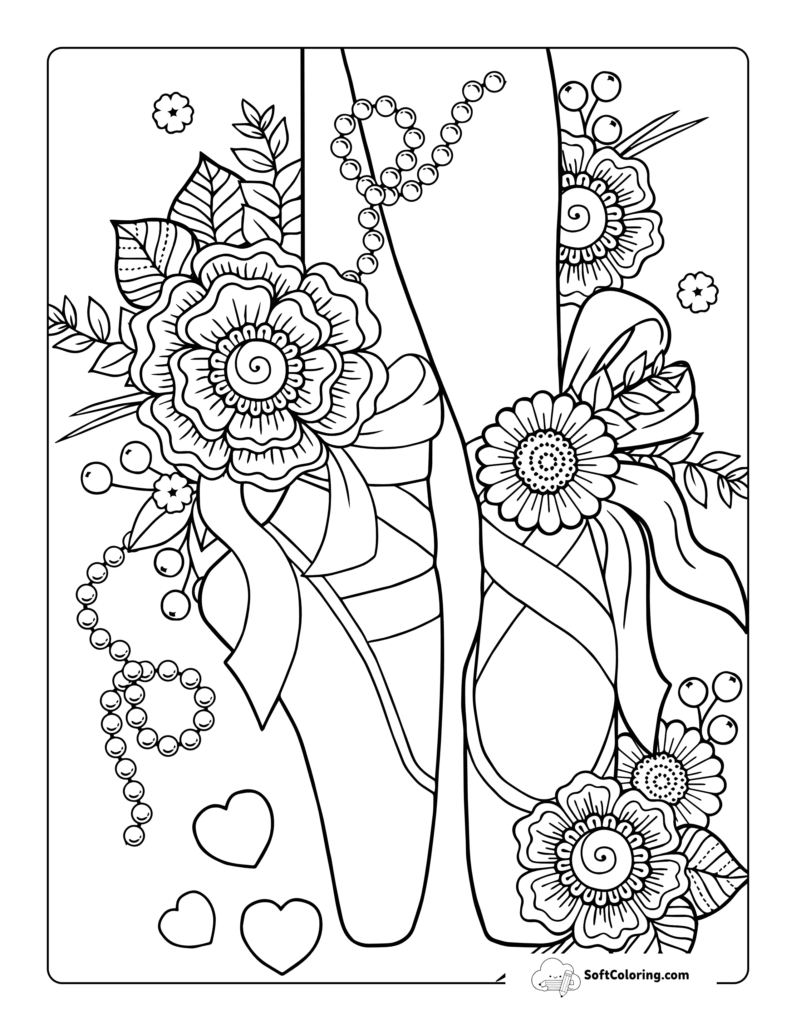 Detailed Ballet Slippers And Flowers - Coloring Page For Adults