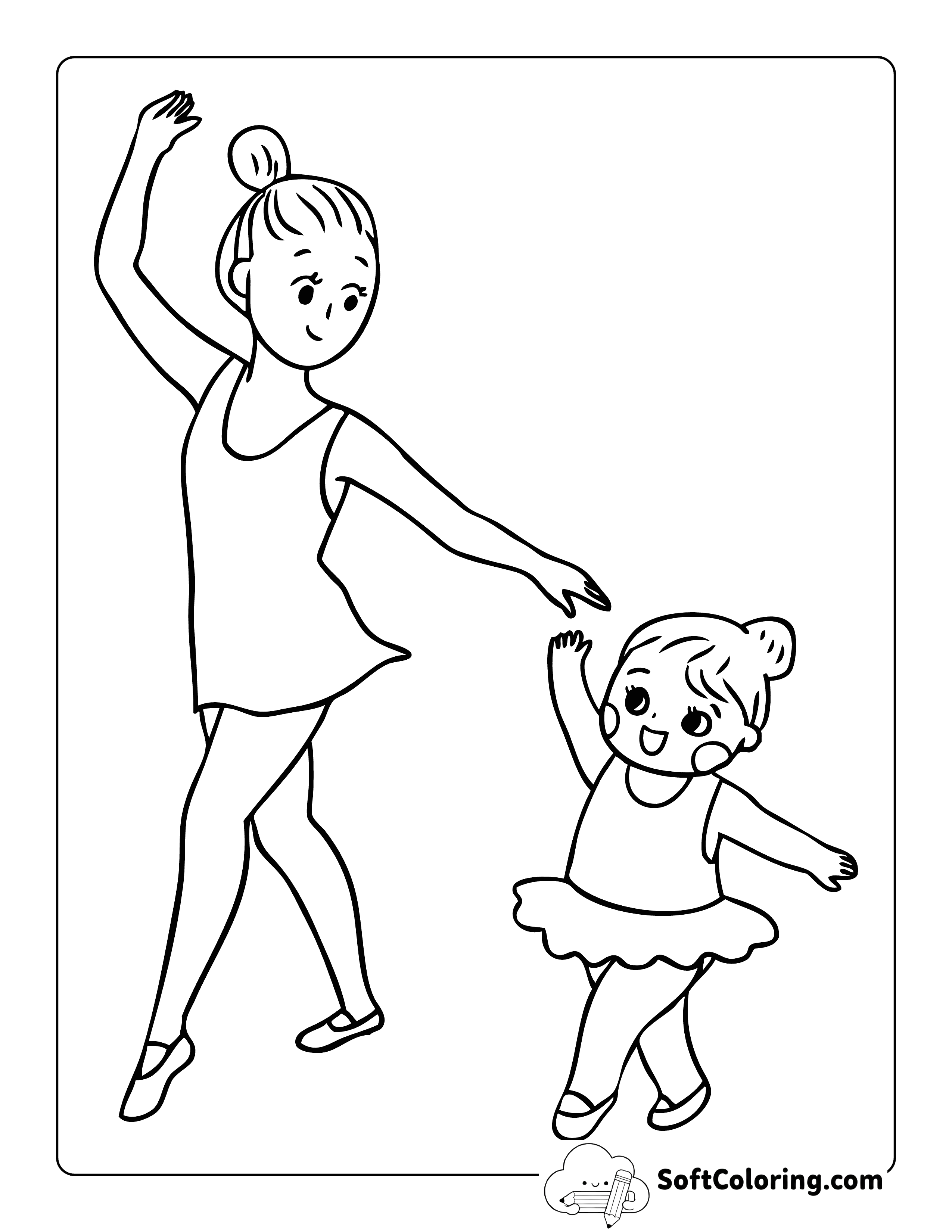 Simple Adorable Mother and Child Ballet Drawing to Color