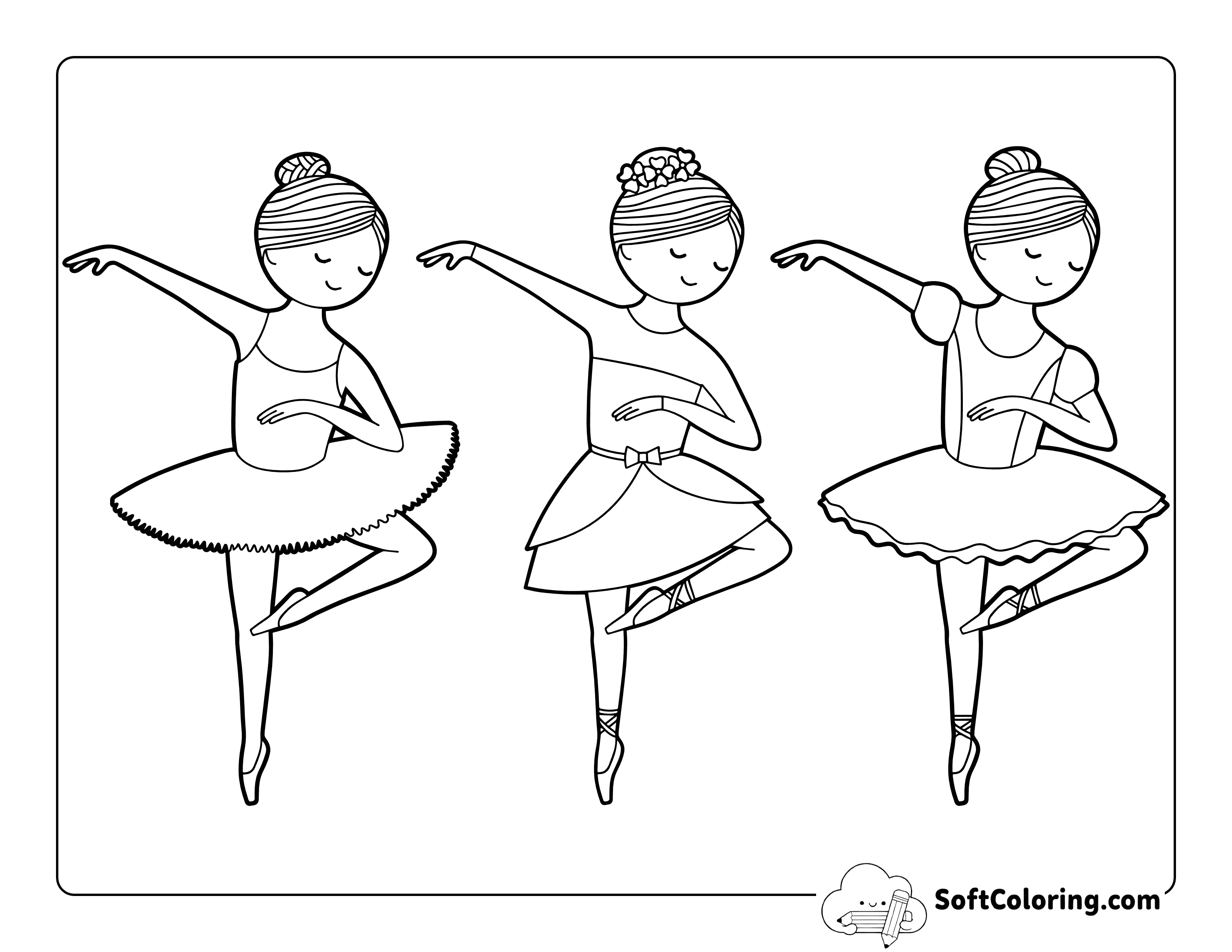 3 Ballerinas Dancing Together - Simple Drawing to Color