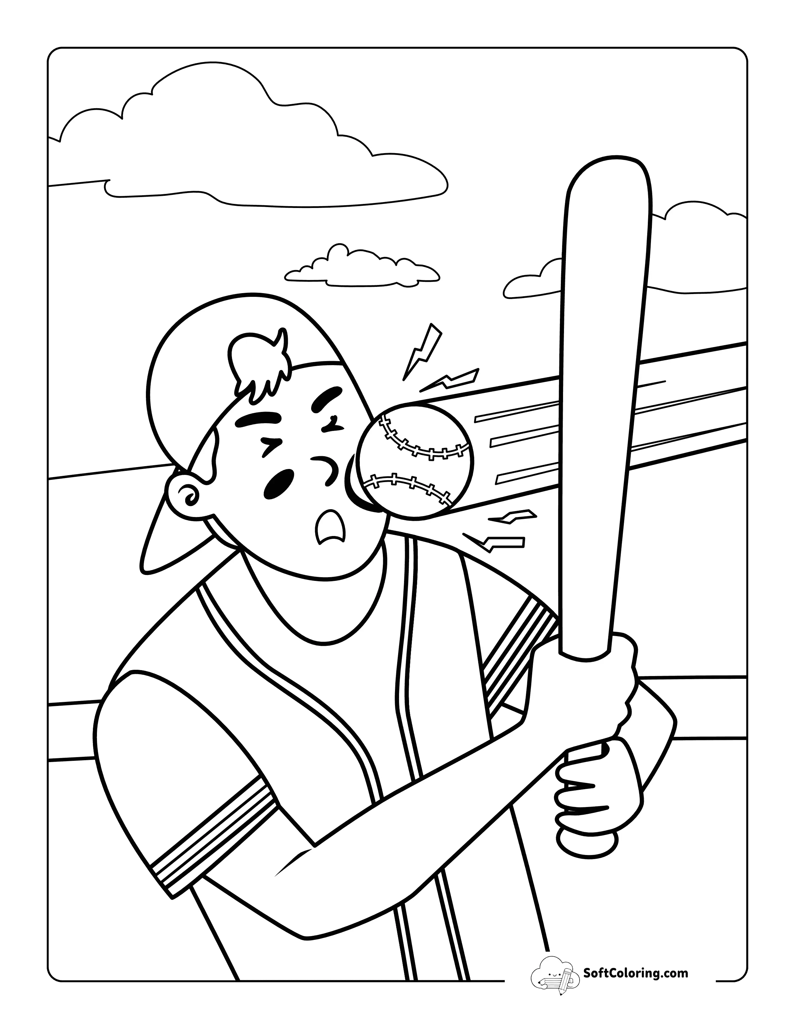 Oops! Baseball Hits Baseball Player Coloring Sheet