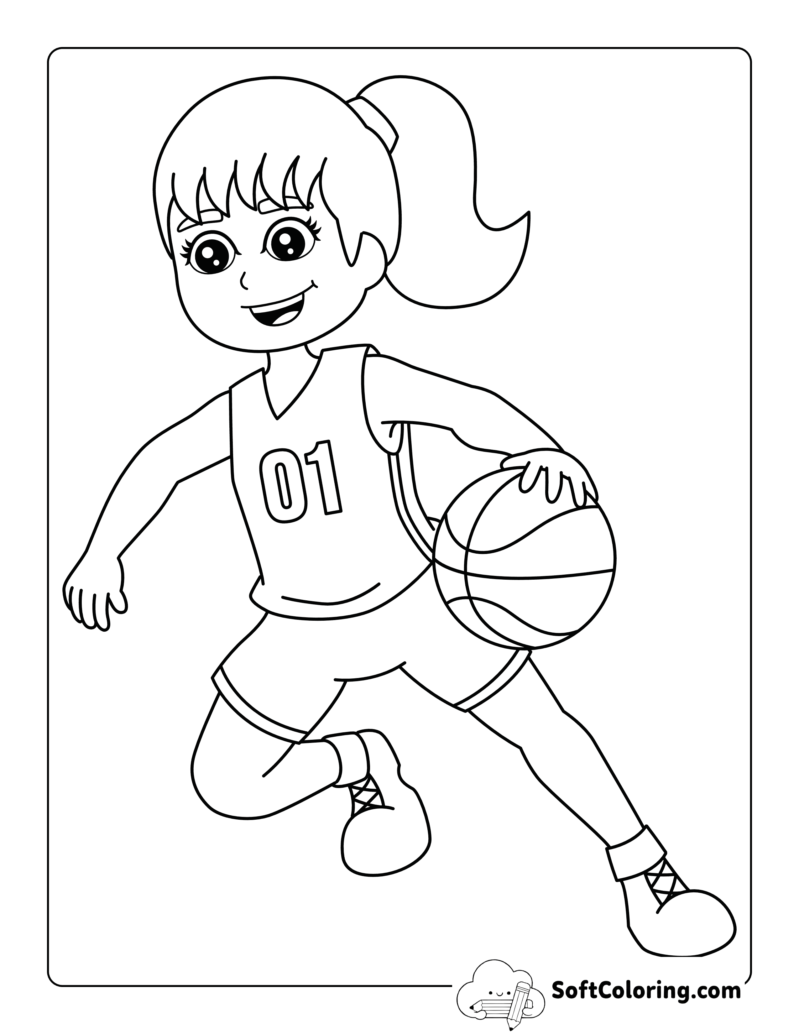 Cool Girl Basketball Player Dribbling Coloring Page
