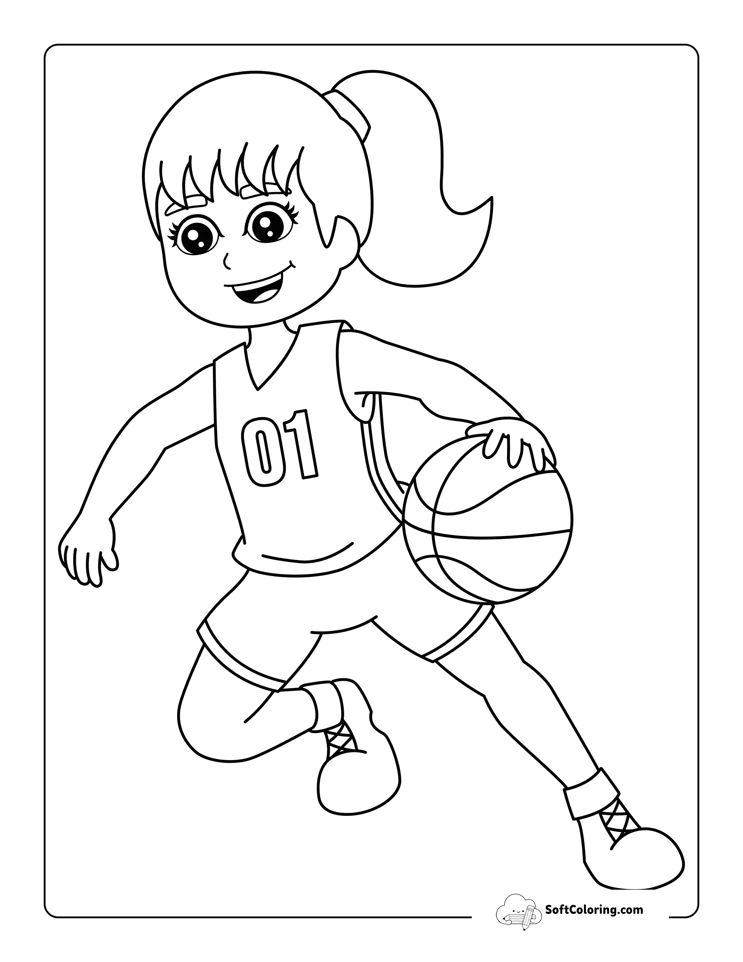 Cool Girl Basketball Player Dribbling Coloring Page