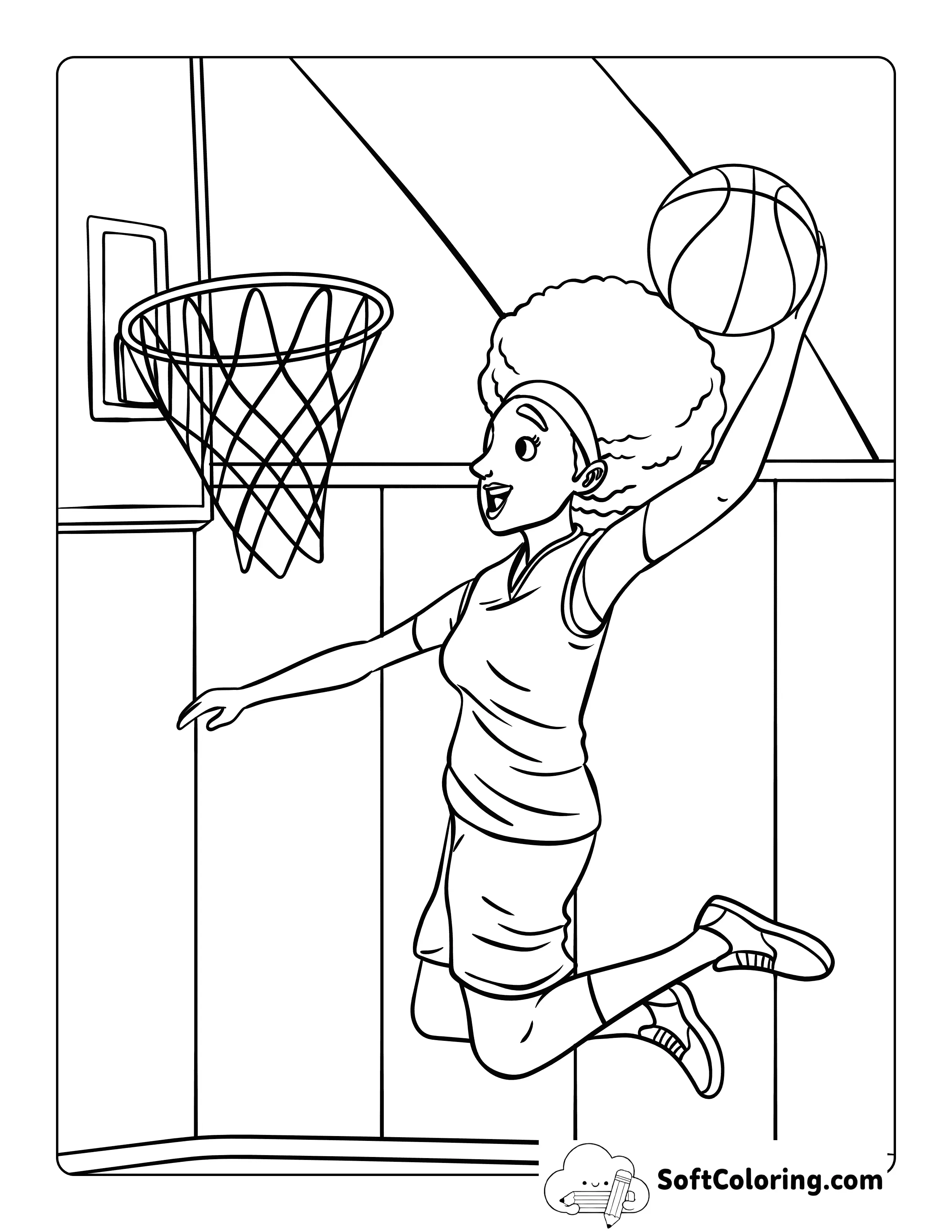 Cool Basketball Girl Slam Dunk - Awesome Basketball Coloring Page