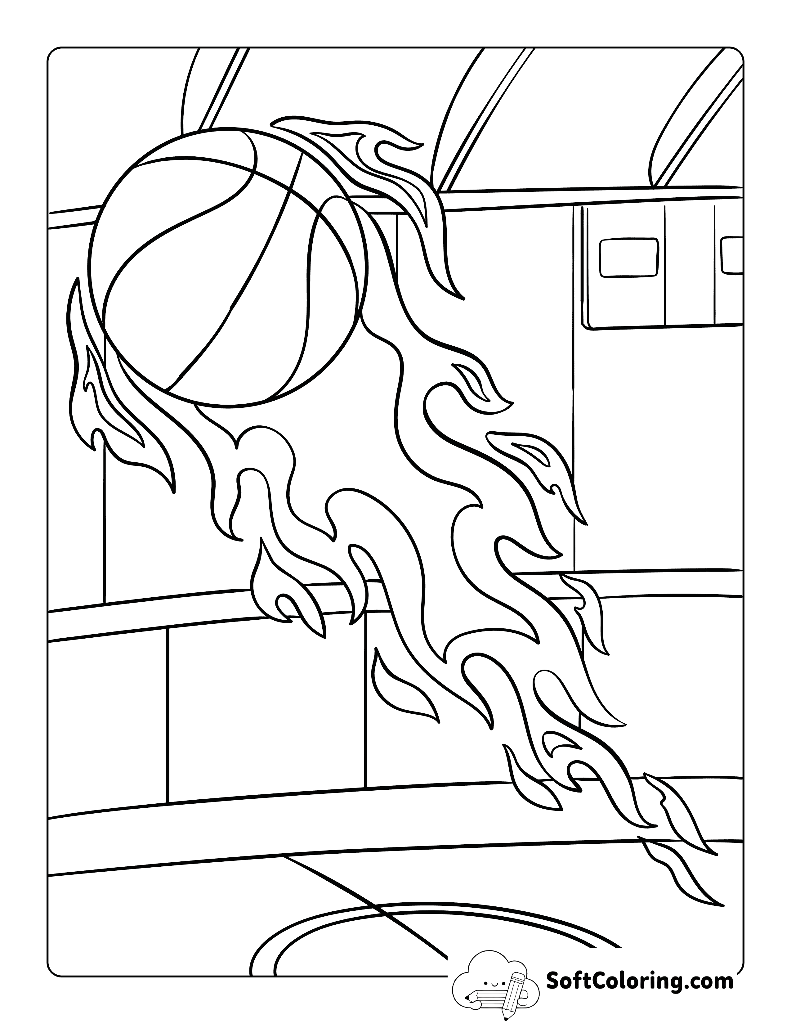 Cool Flaming Basketball in Court - Coloring Sheet for Kids