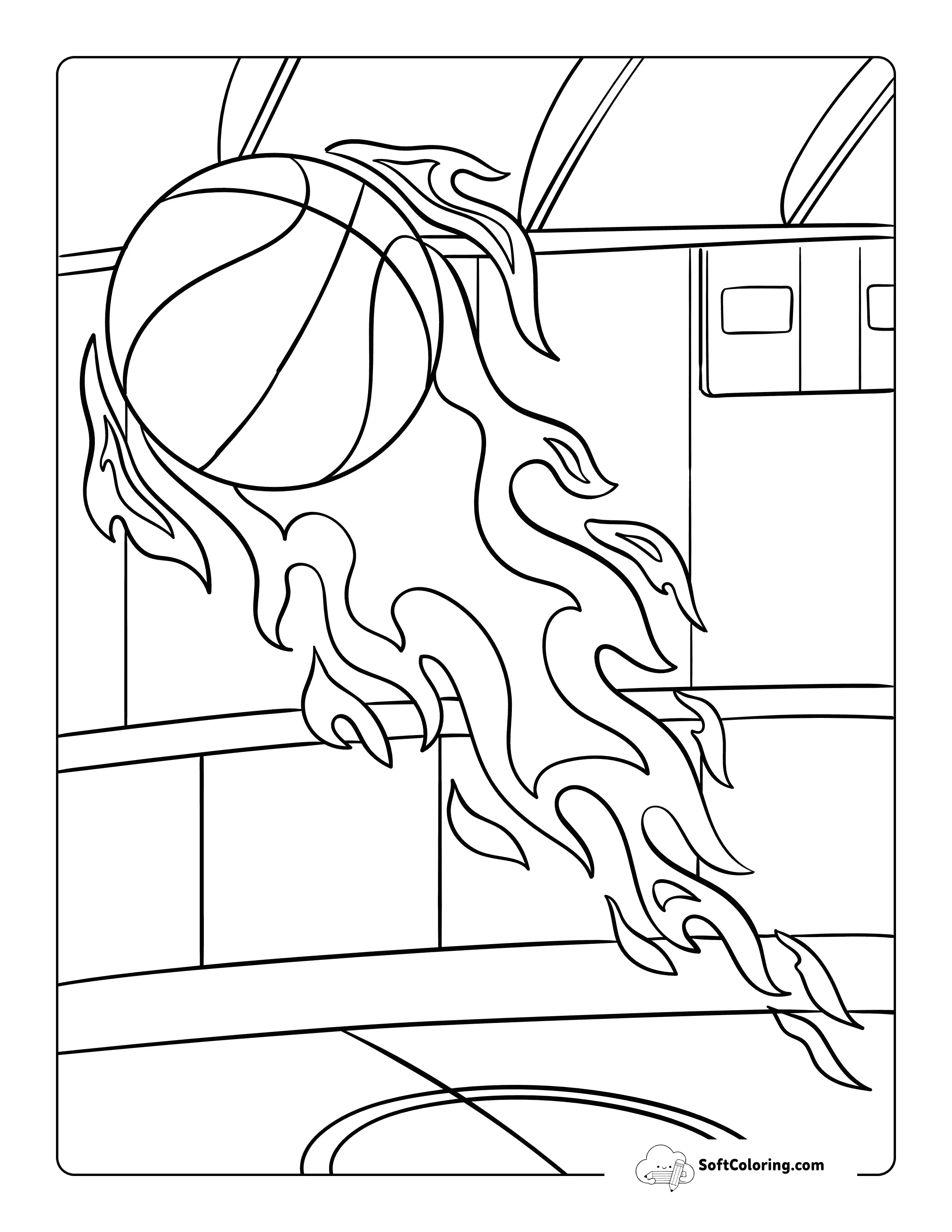 Cool Flaming Basketball In Court - Coloring Sheet For Kids