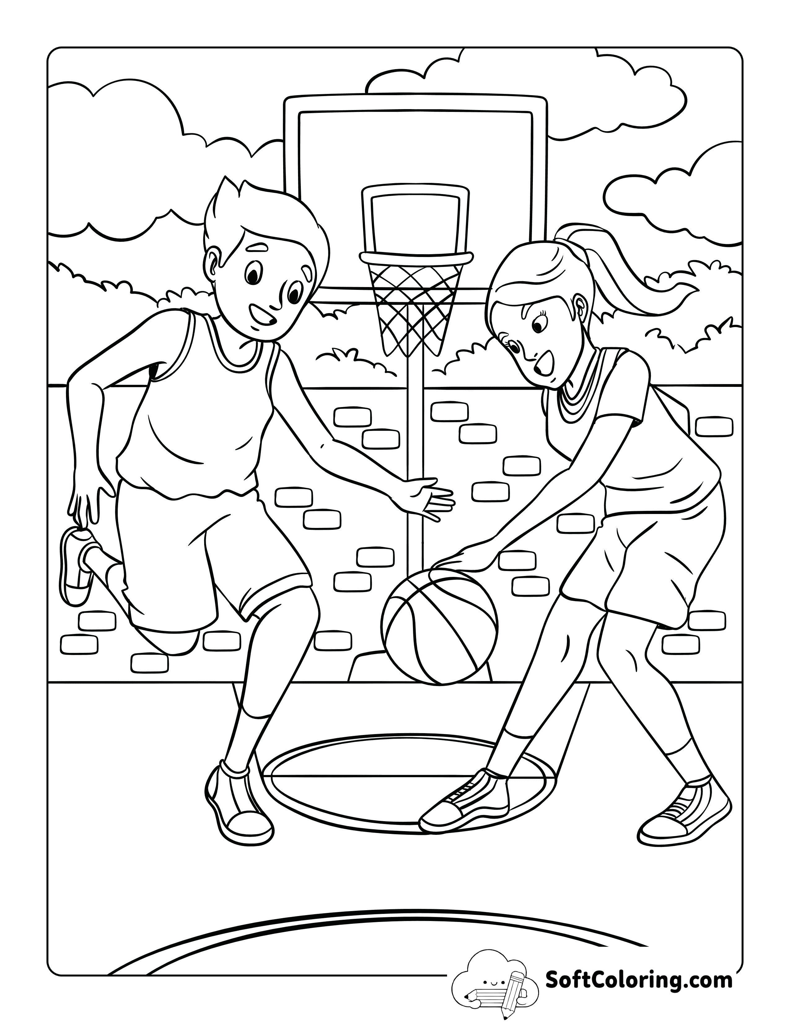 Kids Playing Basketball Outside - Basketball Coloring Sheet