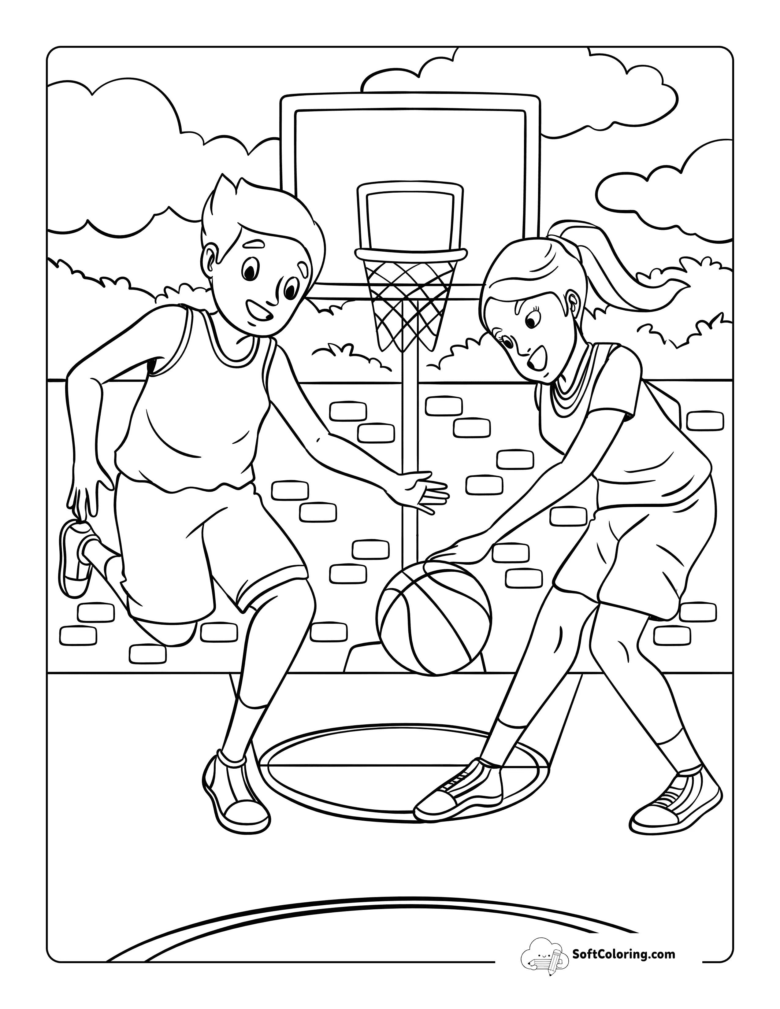 Kids Playing Basketball Outside - Basketball Coloring Sheet