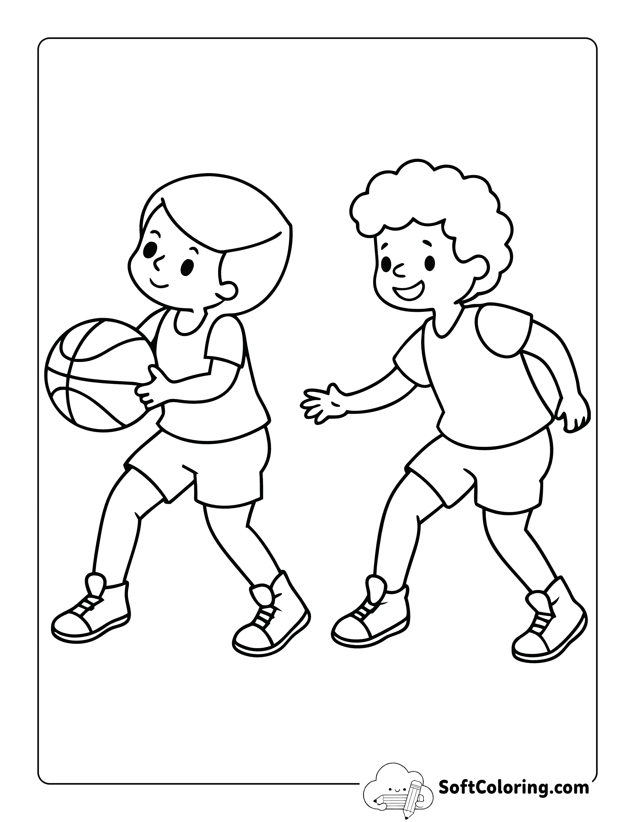 Friends Playing Basketball - Simple Coloring Page for Kids