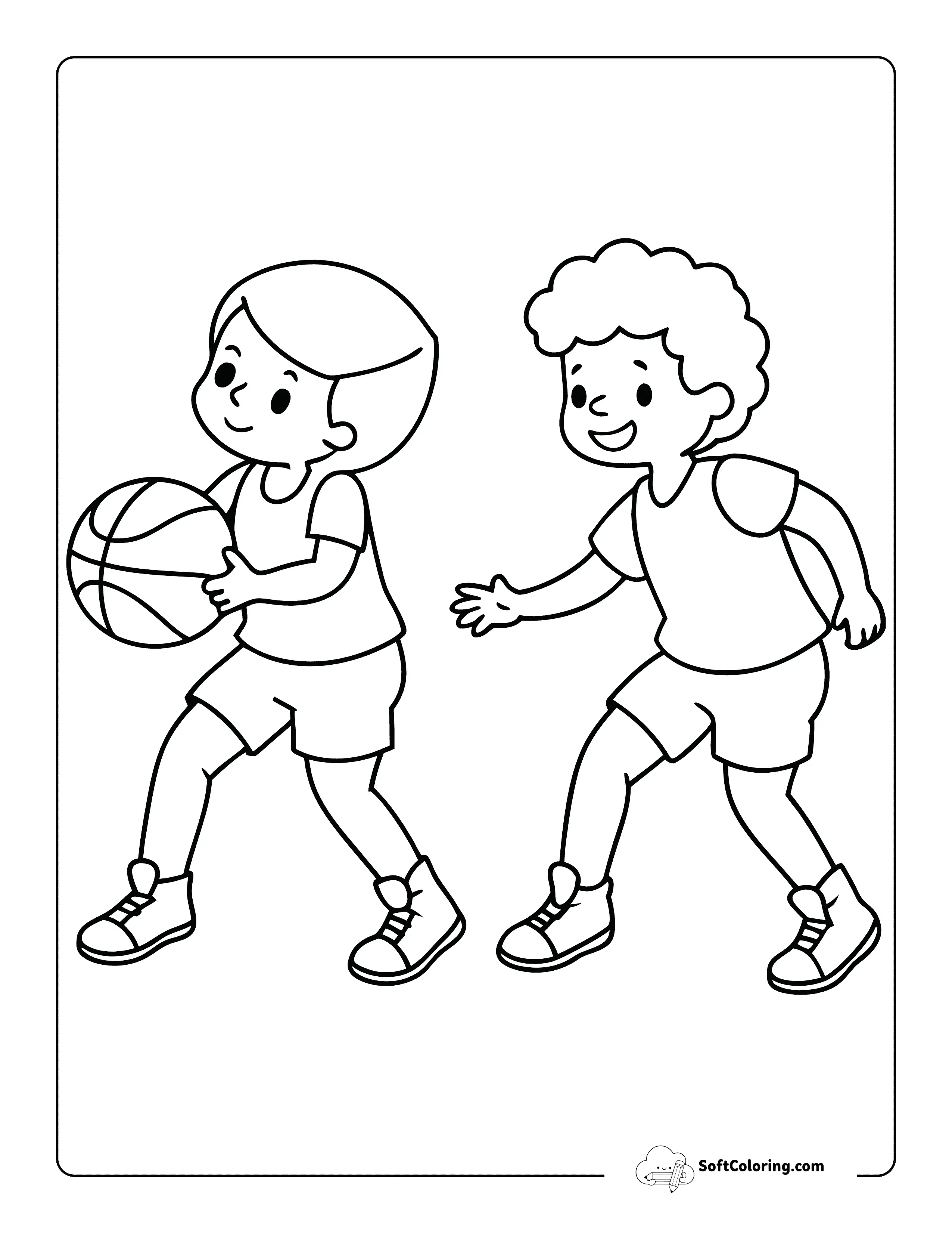 Friends Playing Basketball - Simple Coloring Page For Kids