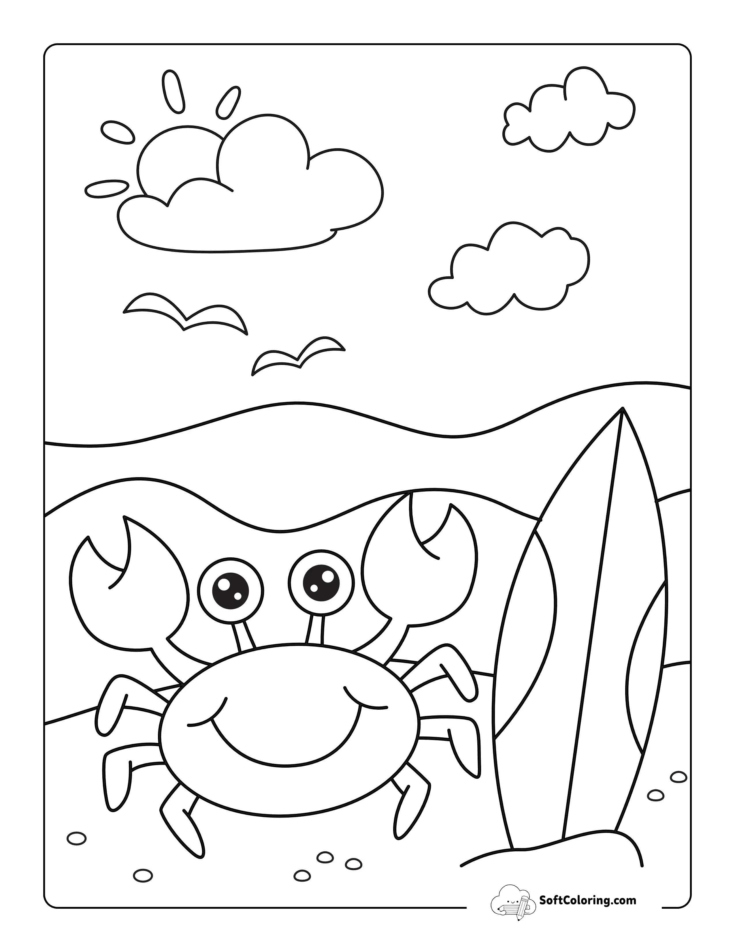 Easy Surfer Crab Beach Coloring Page Preschool