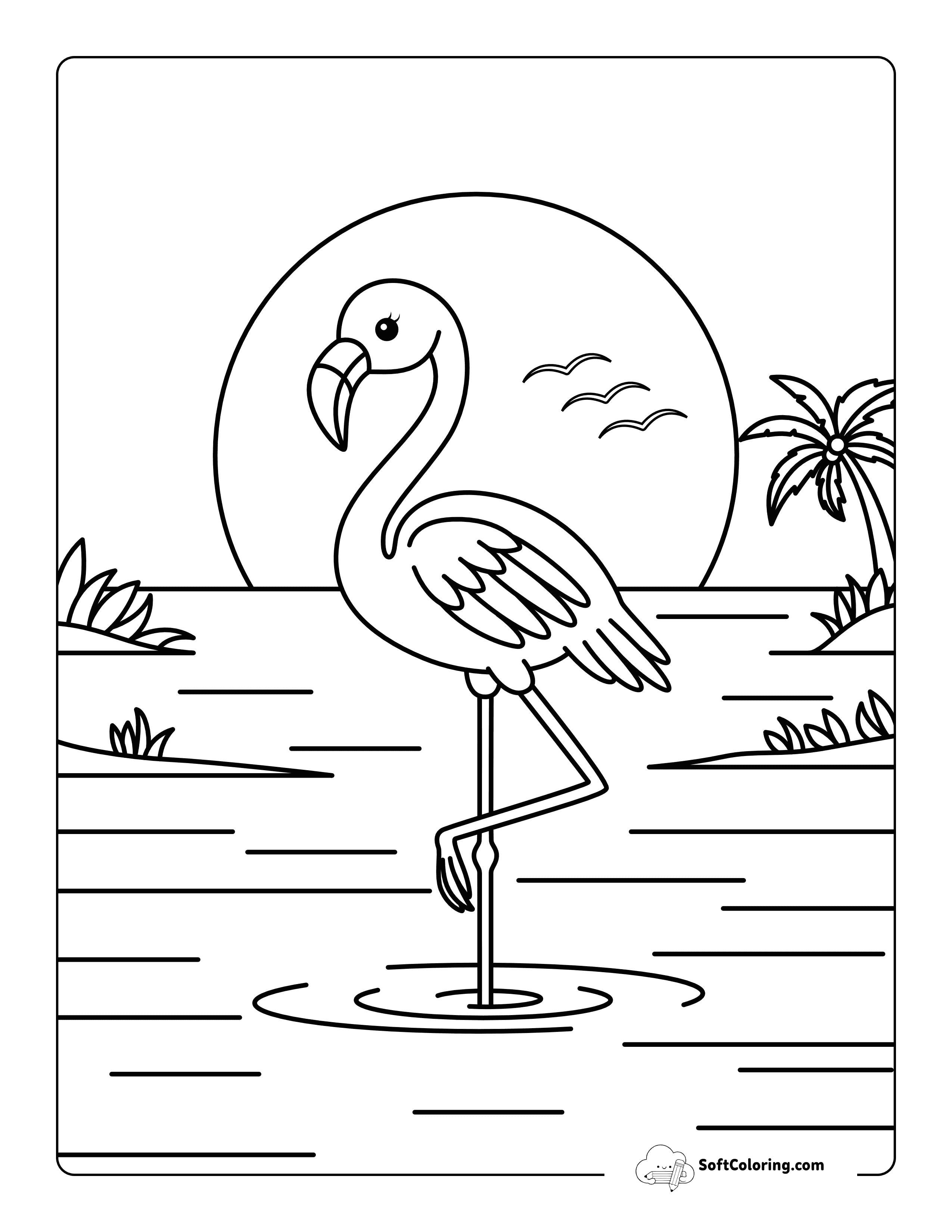 Cute Flamingo Beach Summer Sunset Coloring Page