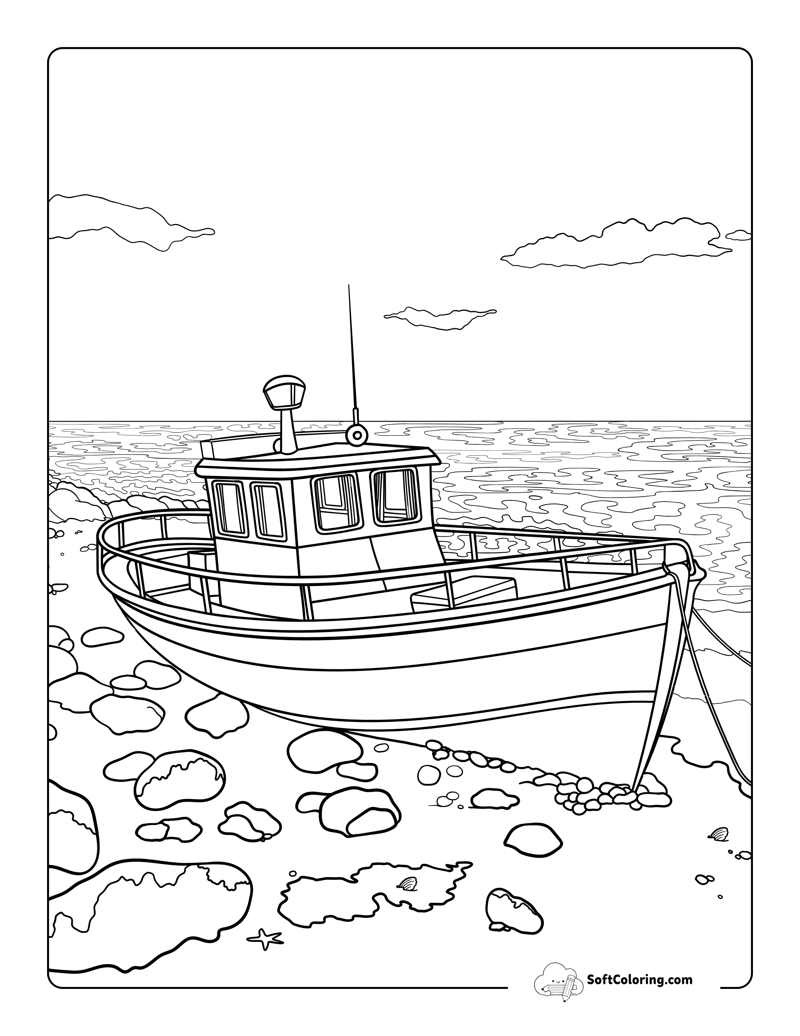 Realistic Beached Boat Coloring Page For Adults