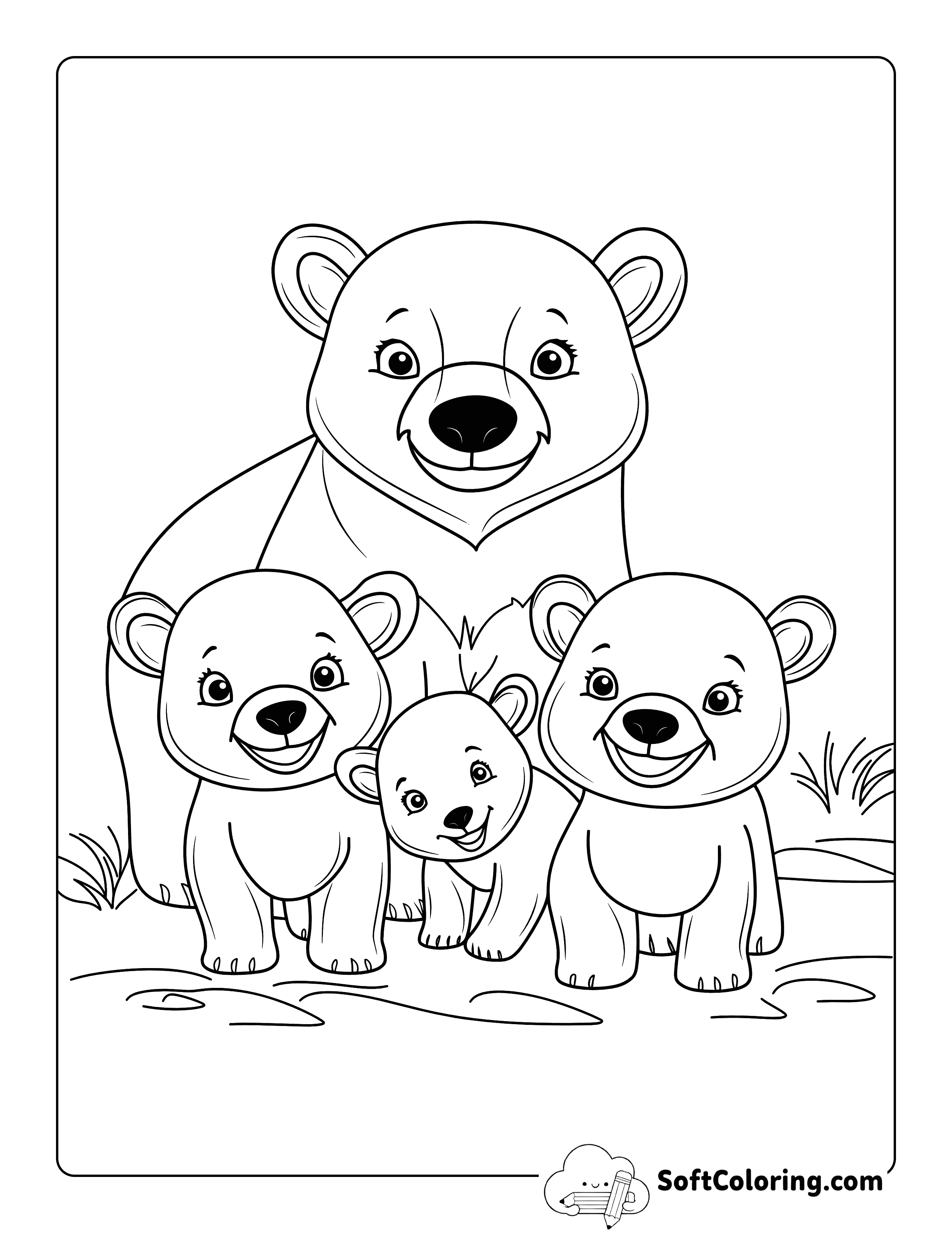 Cute Momma Bear with Cubs Coloring Sheet for Kids
