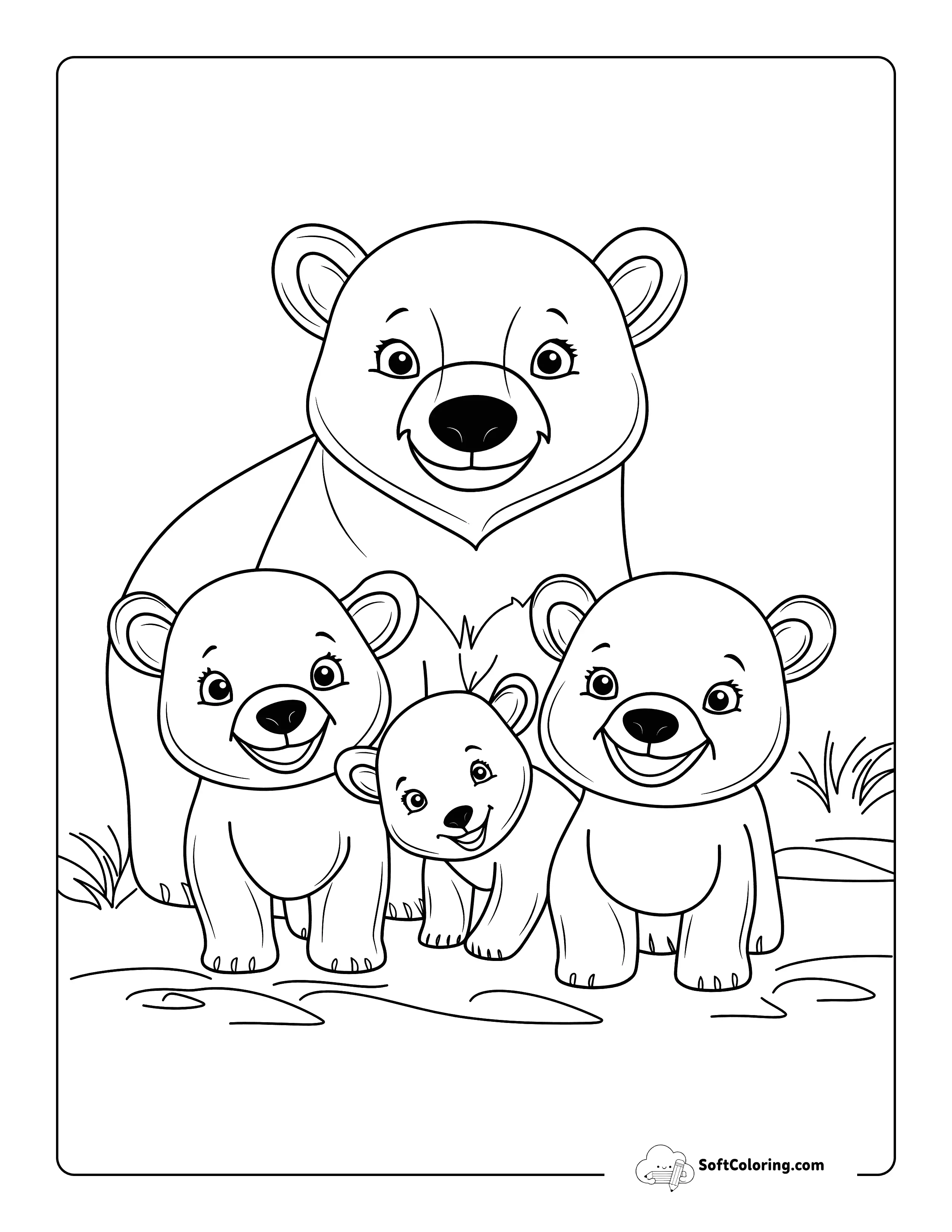 Cute Momma Bear With Cubs Coloring Sheet For Kids