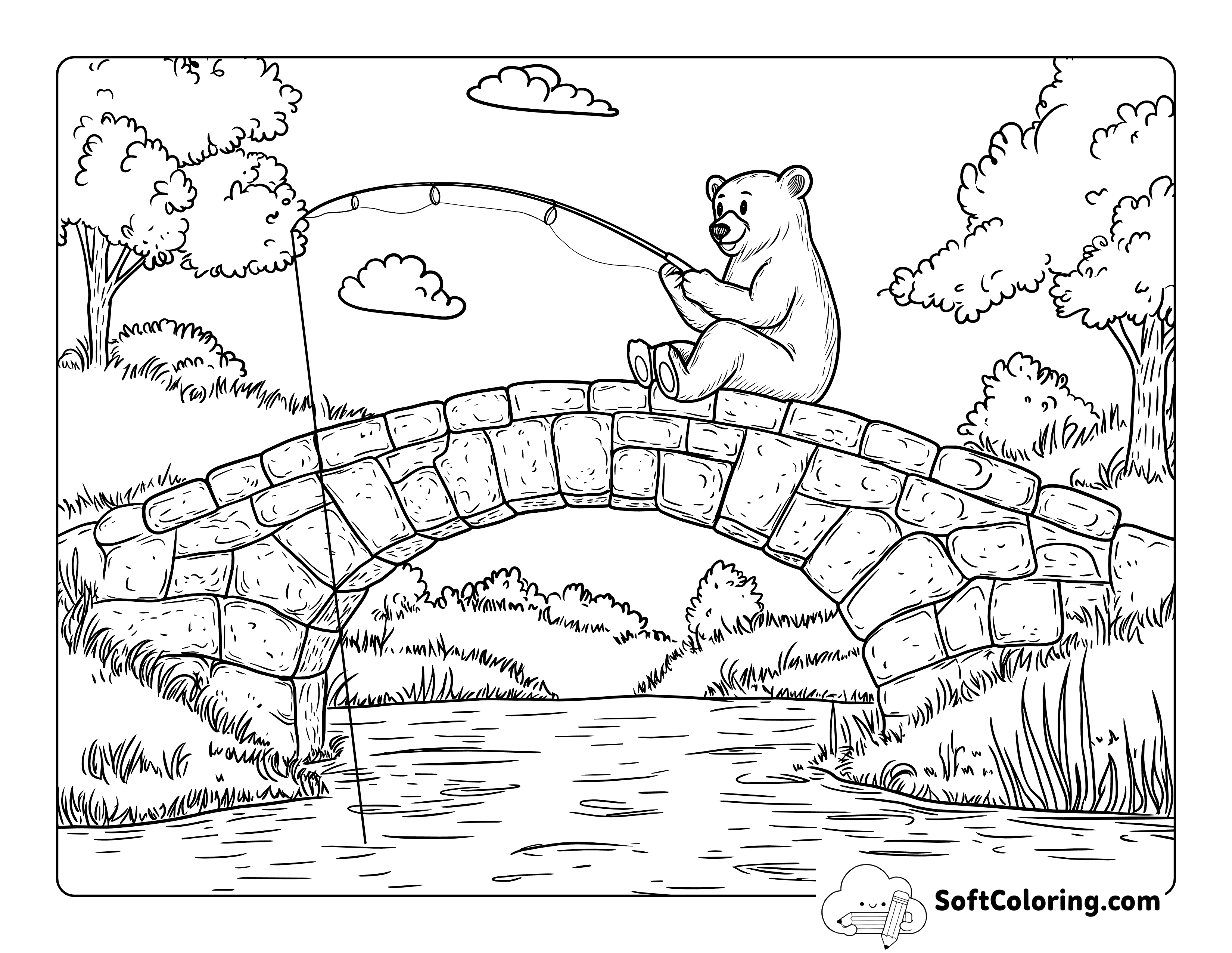 Idyllic Fishing Bear Coloring Sheet