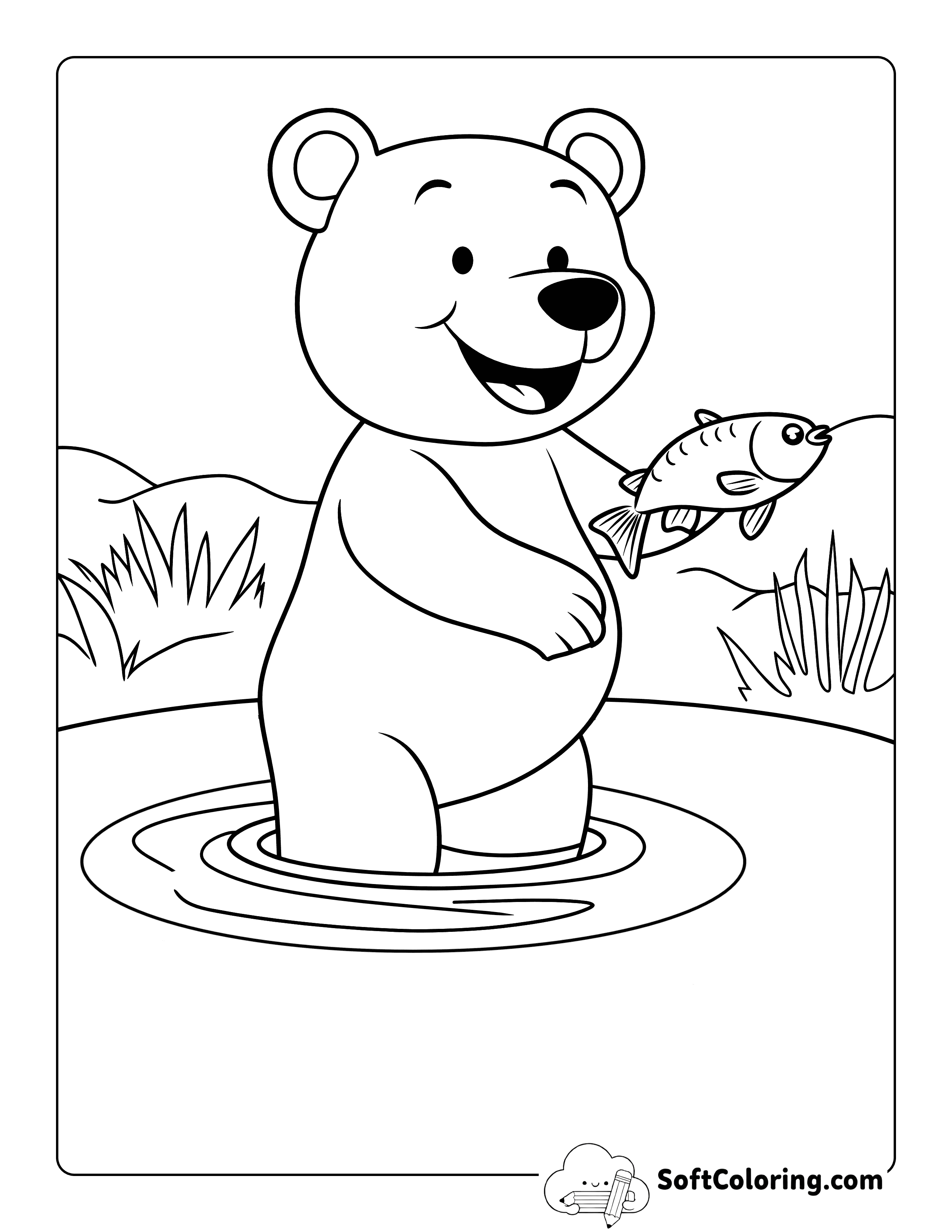 Easy Fishing Bear Coloring Page Printable