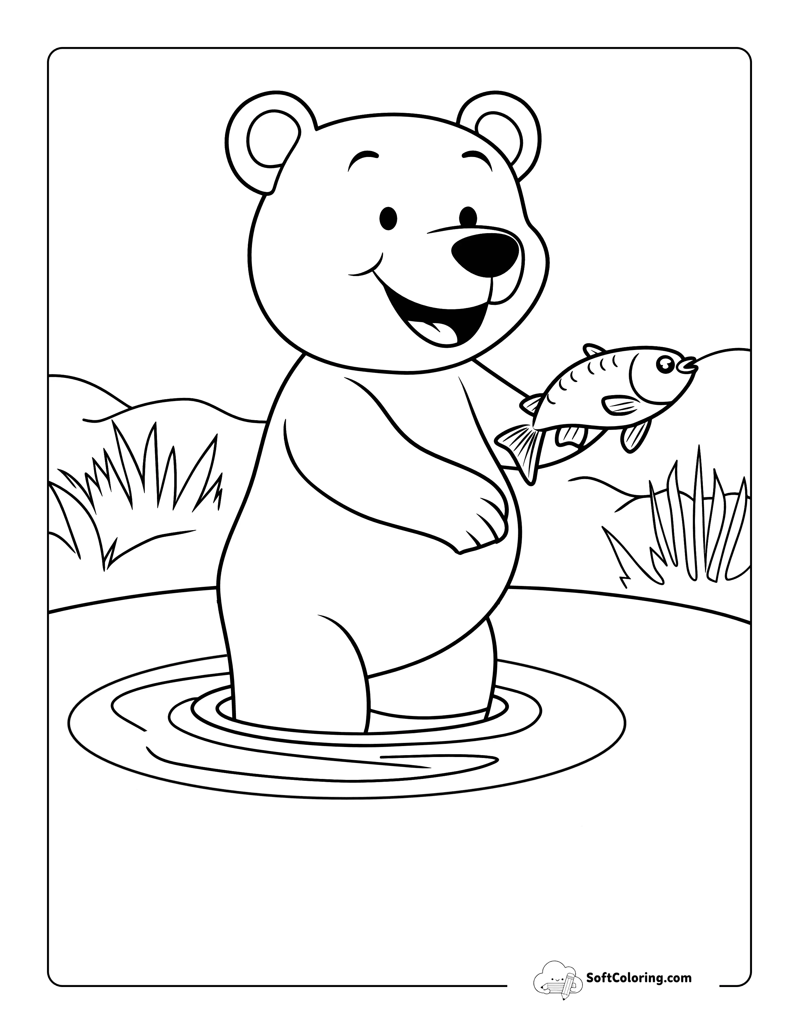 Easy Fishing Bear Coloring Page Printable