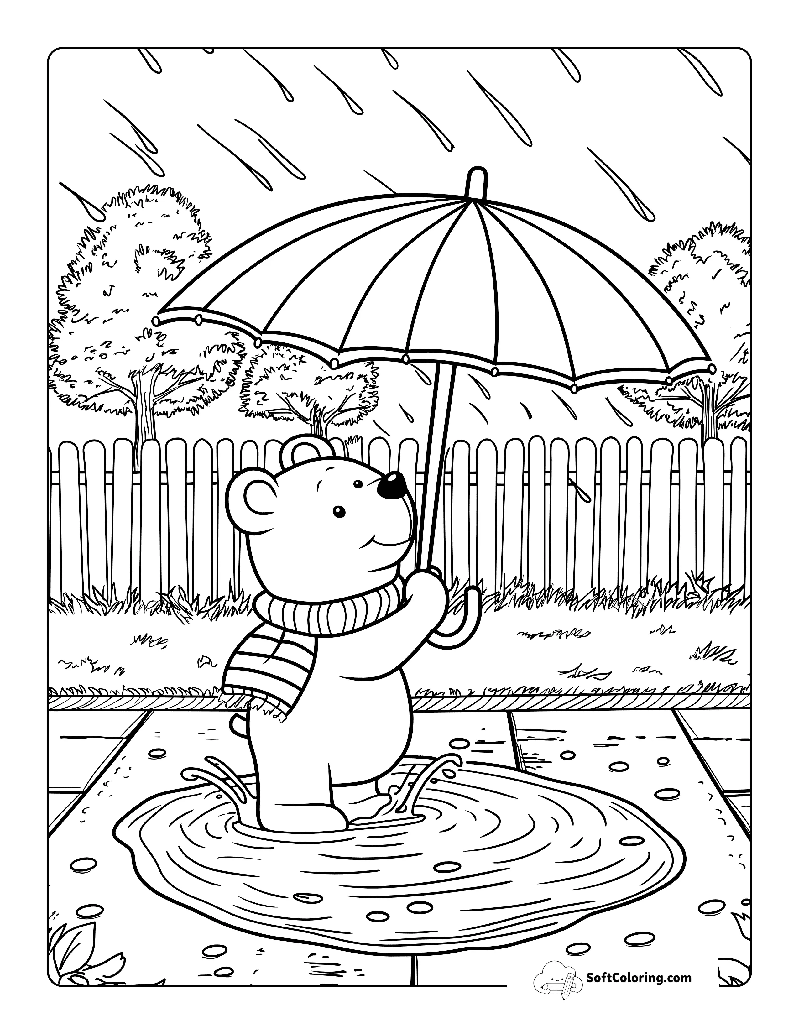 Rainy Day Cute Bear Coloring Page