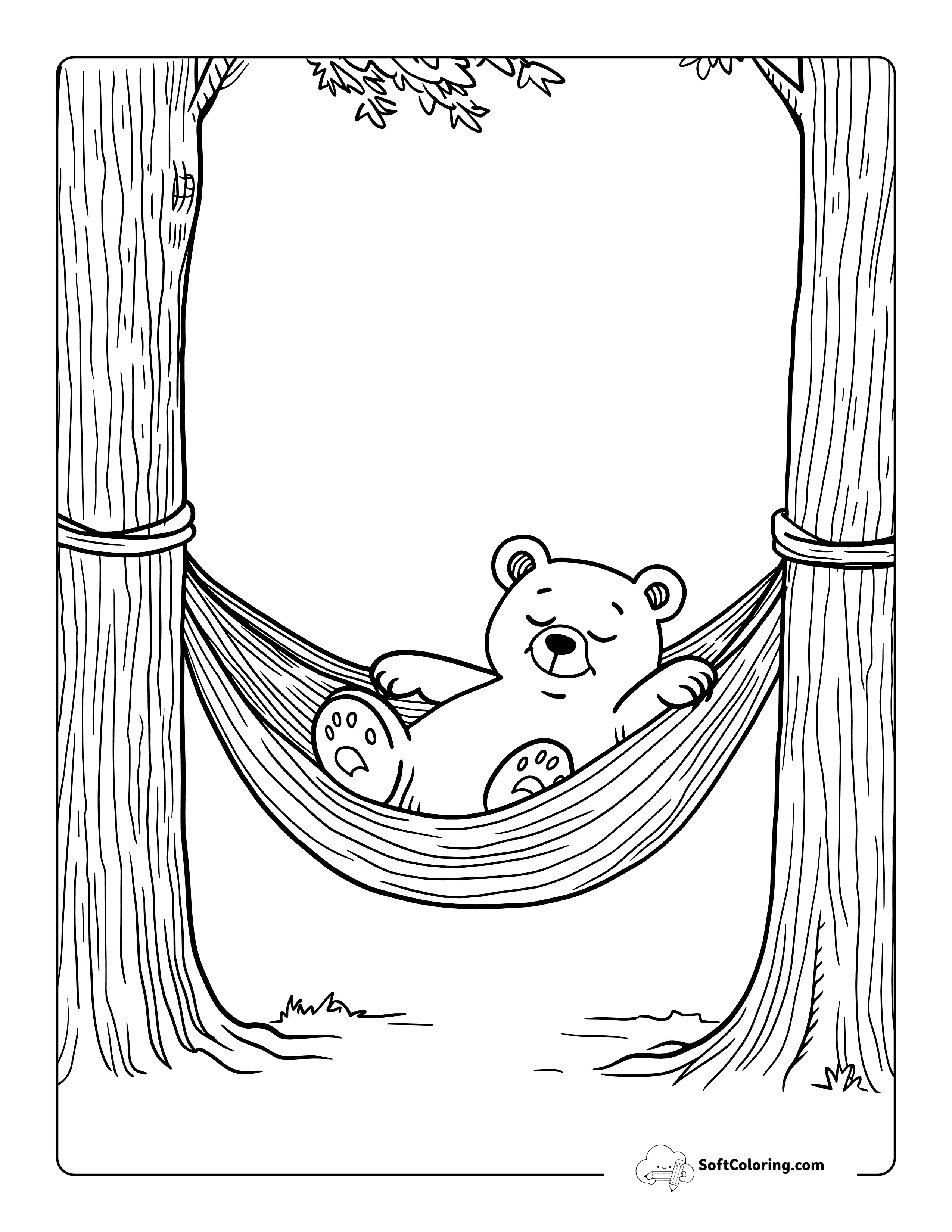Cute Bear In Hammock Tree Printable Coloring Sheet