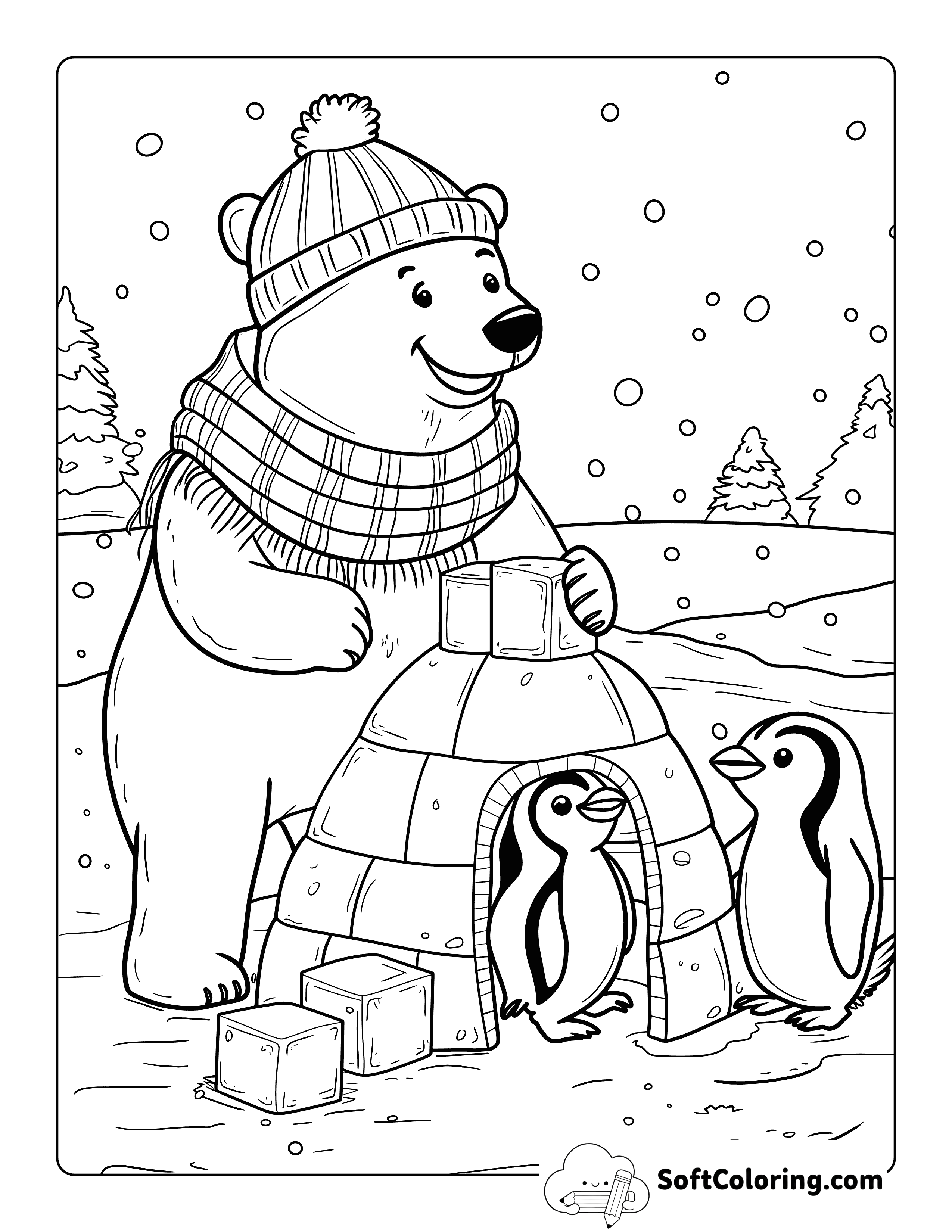 Igloo and Penguins Polar Bear Coloring Sheet