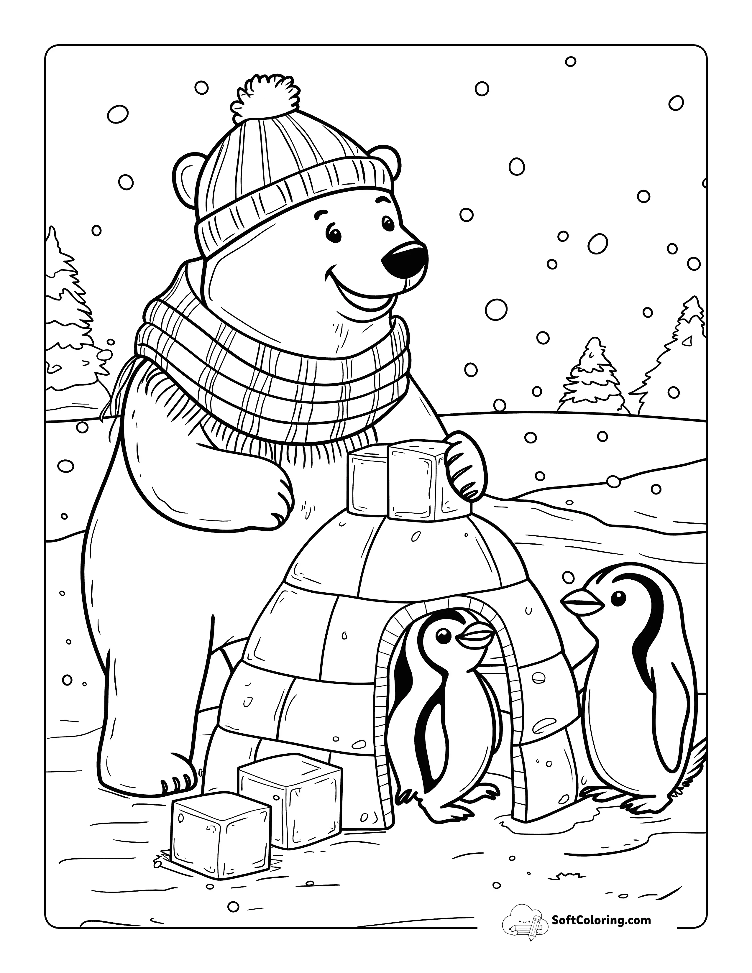 Igloo And Penguins Polar Bear Coloring Sheet